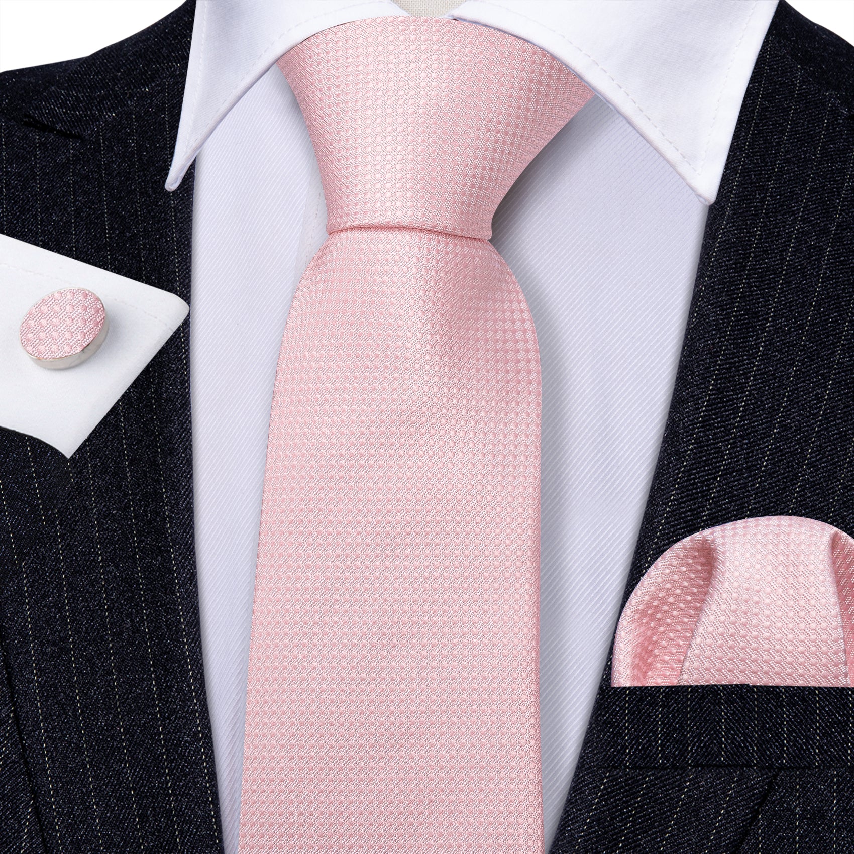 Pink Solid Silk Tie Handkerchief Cufflinks Set