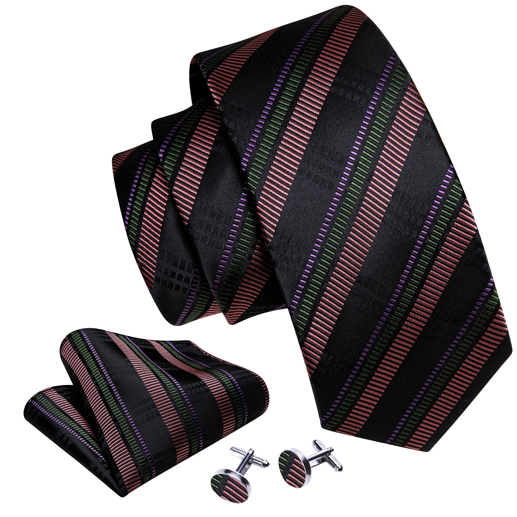 Barry Wang Bright Black Brown Striped Tie Handkerchief Cufflinks Set