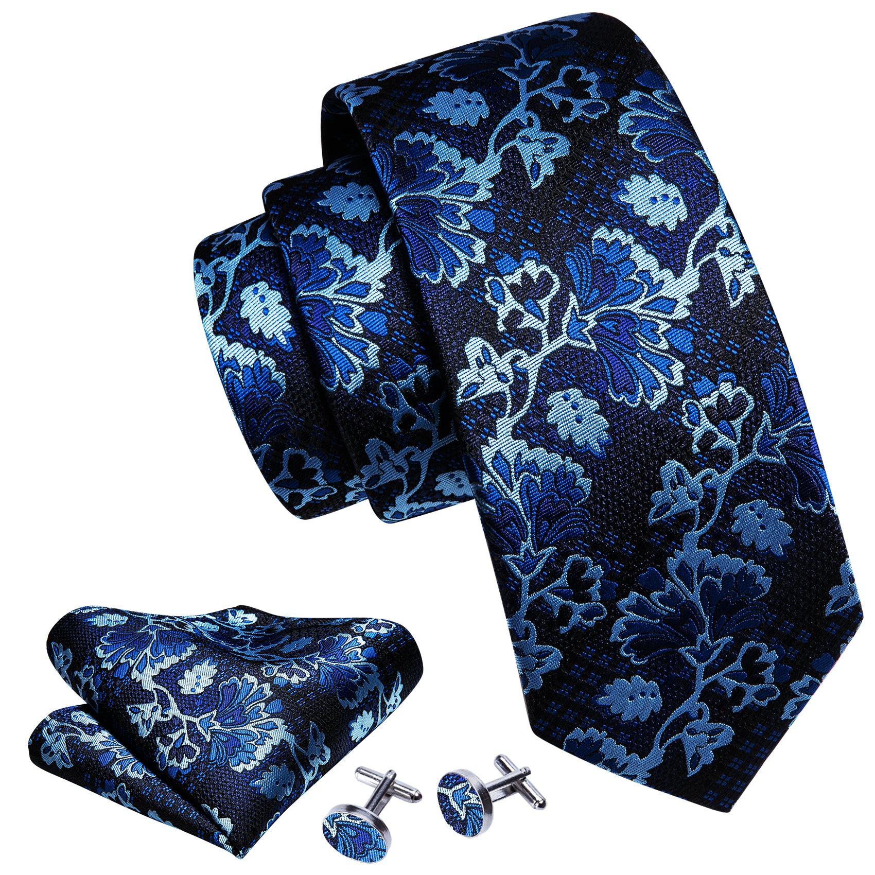 Black Blue Floral Silk Tie Handkerchief Cufflinks Set