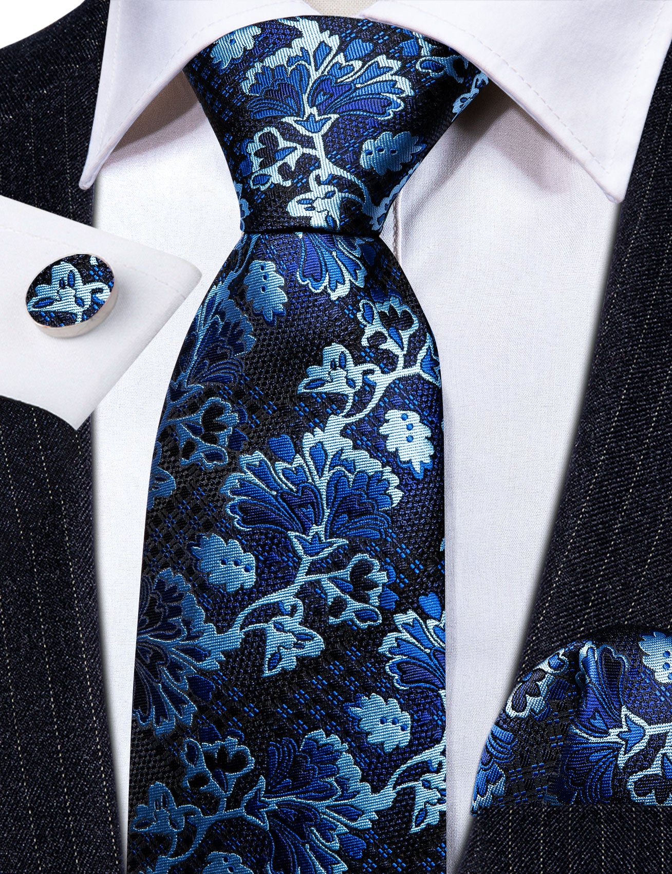 Black Blue Floral Silk Tie Handkerchief Cufflinks Set