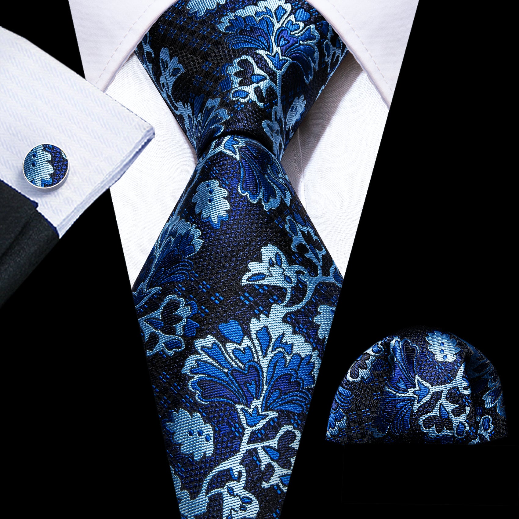 Black Blue Floral Silk Tie Handkerchief Cufflinks Set