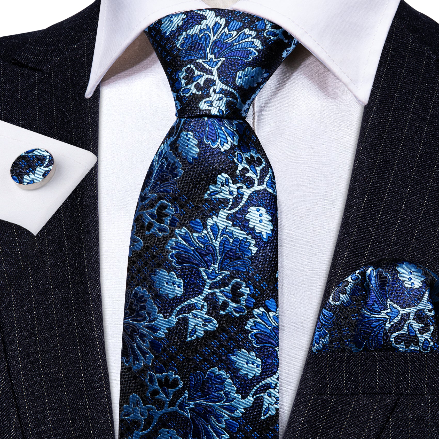 Black Blue Floral Silk Tie Handkerchief Cufflinks Set