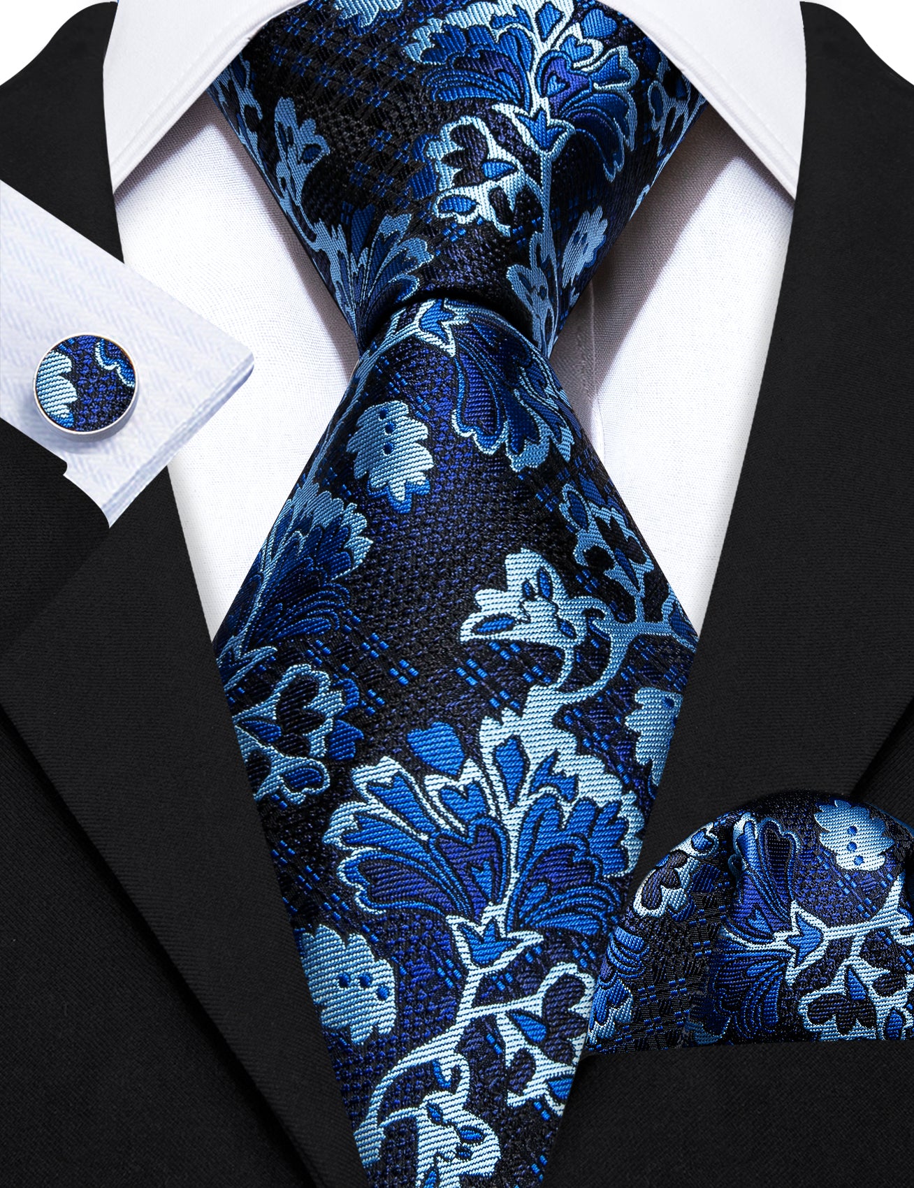 Black Blue Floral Silk Tie Handkerchief Cufflinks Set