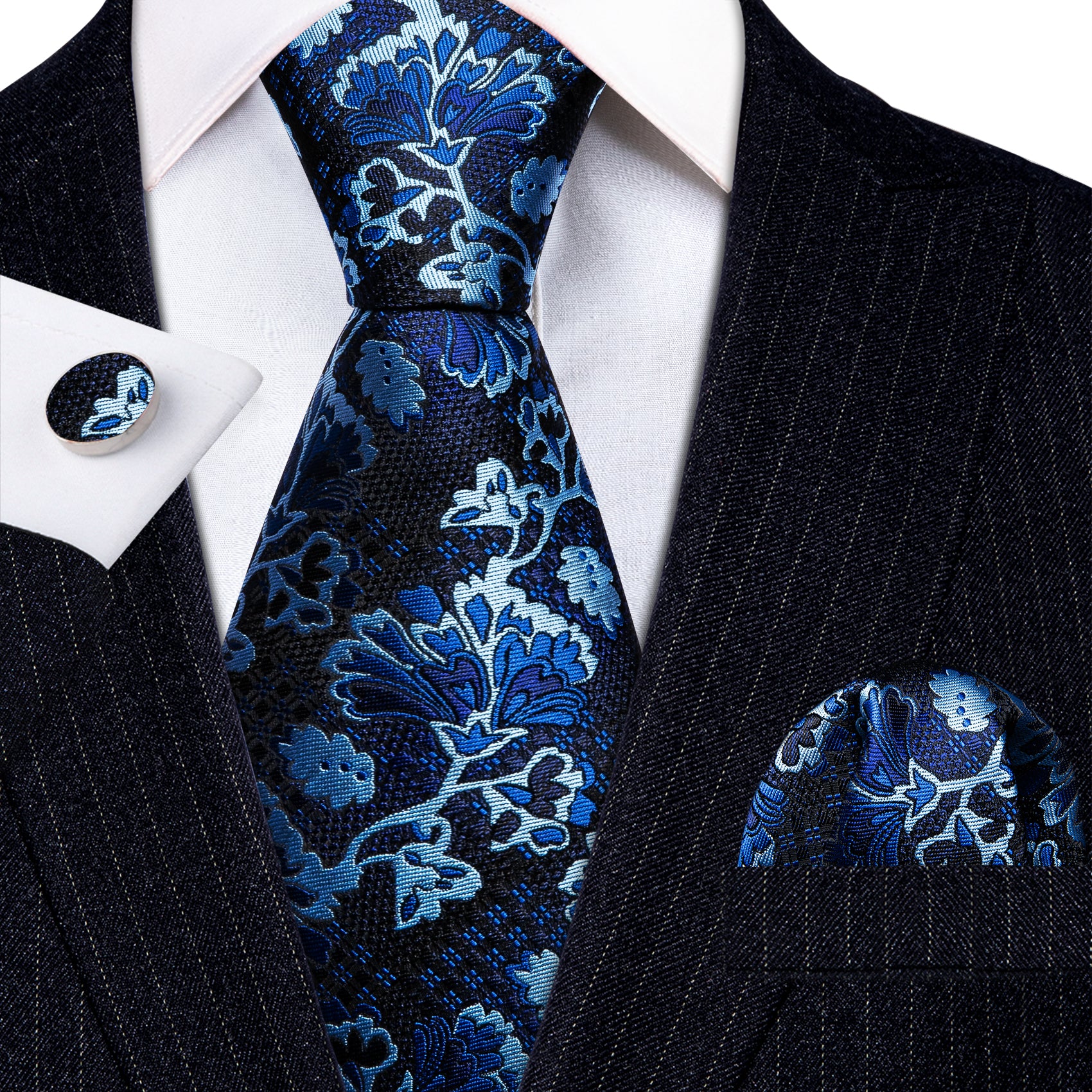 Black Blue Floral Silk Tie Handkerchief Cufflinks Set