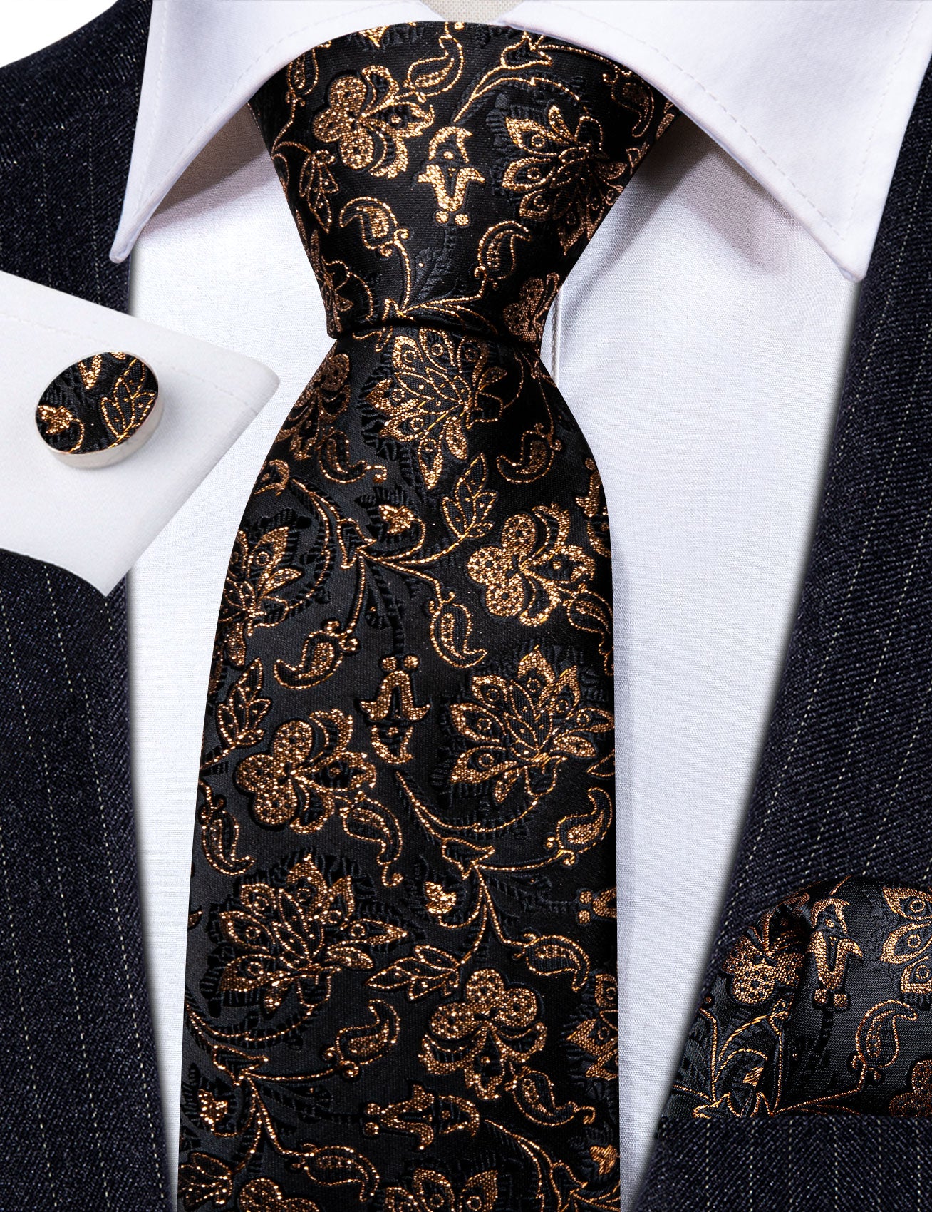 Shining Black Gold Paisley Tie Handkerchief Cufflinks Set