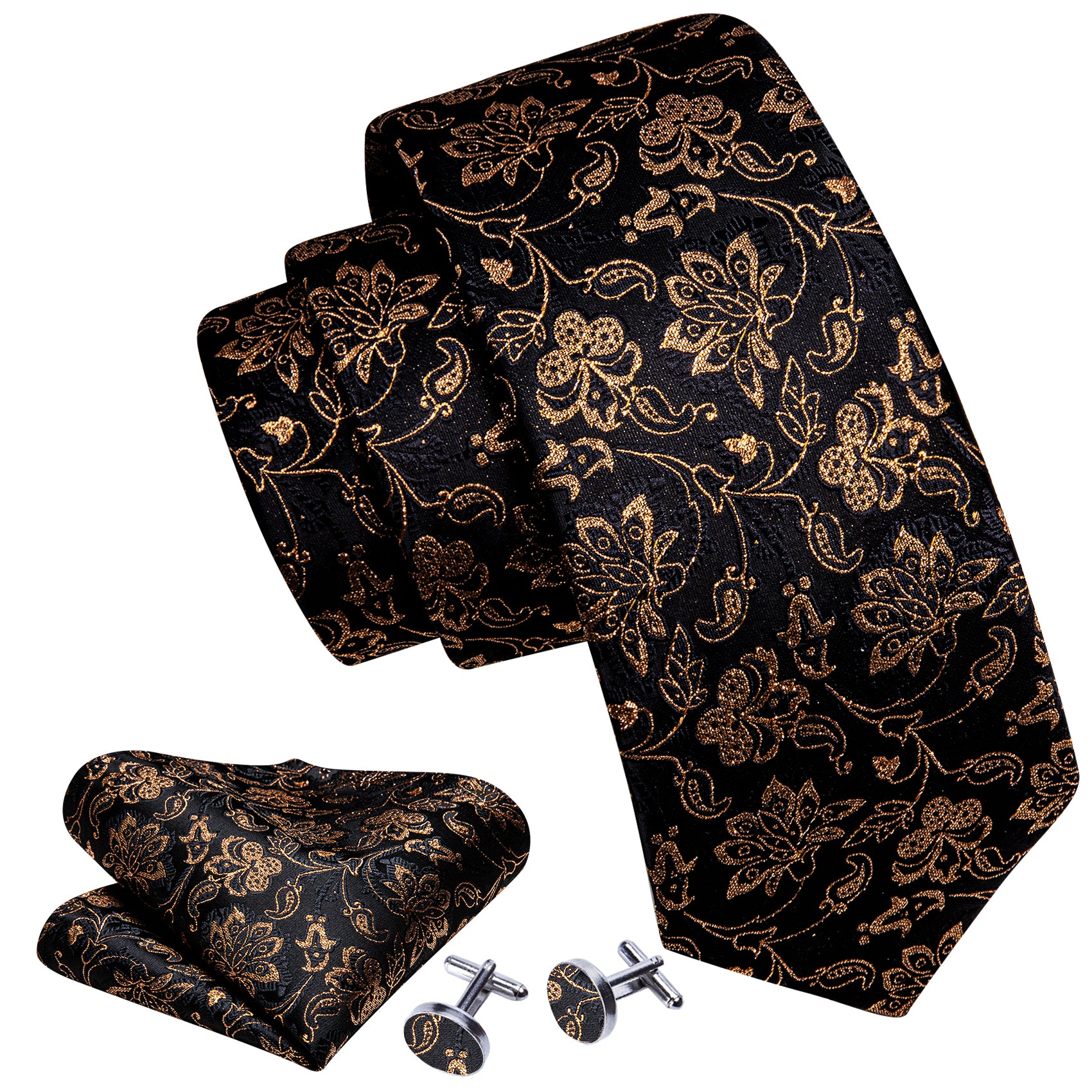 Shining Black Gold Paisley Tie Handkerchief Cufflinks Set