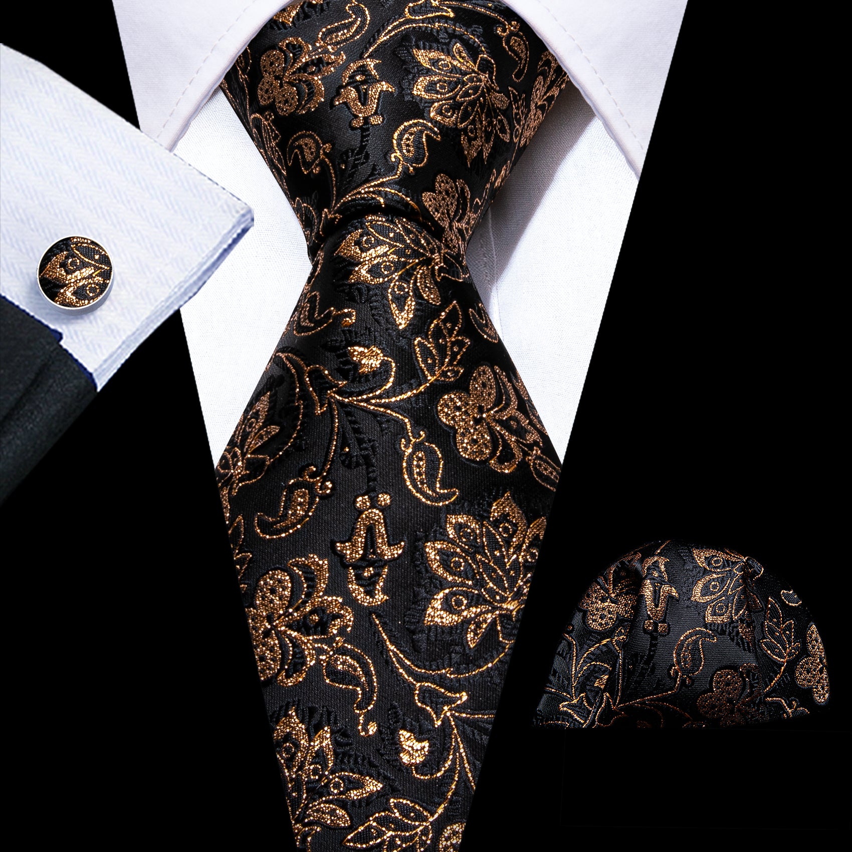 Shining Black Gold Paisley Tie Handkerchief Cufflinks Set