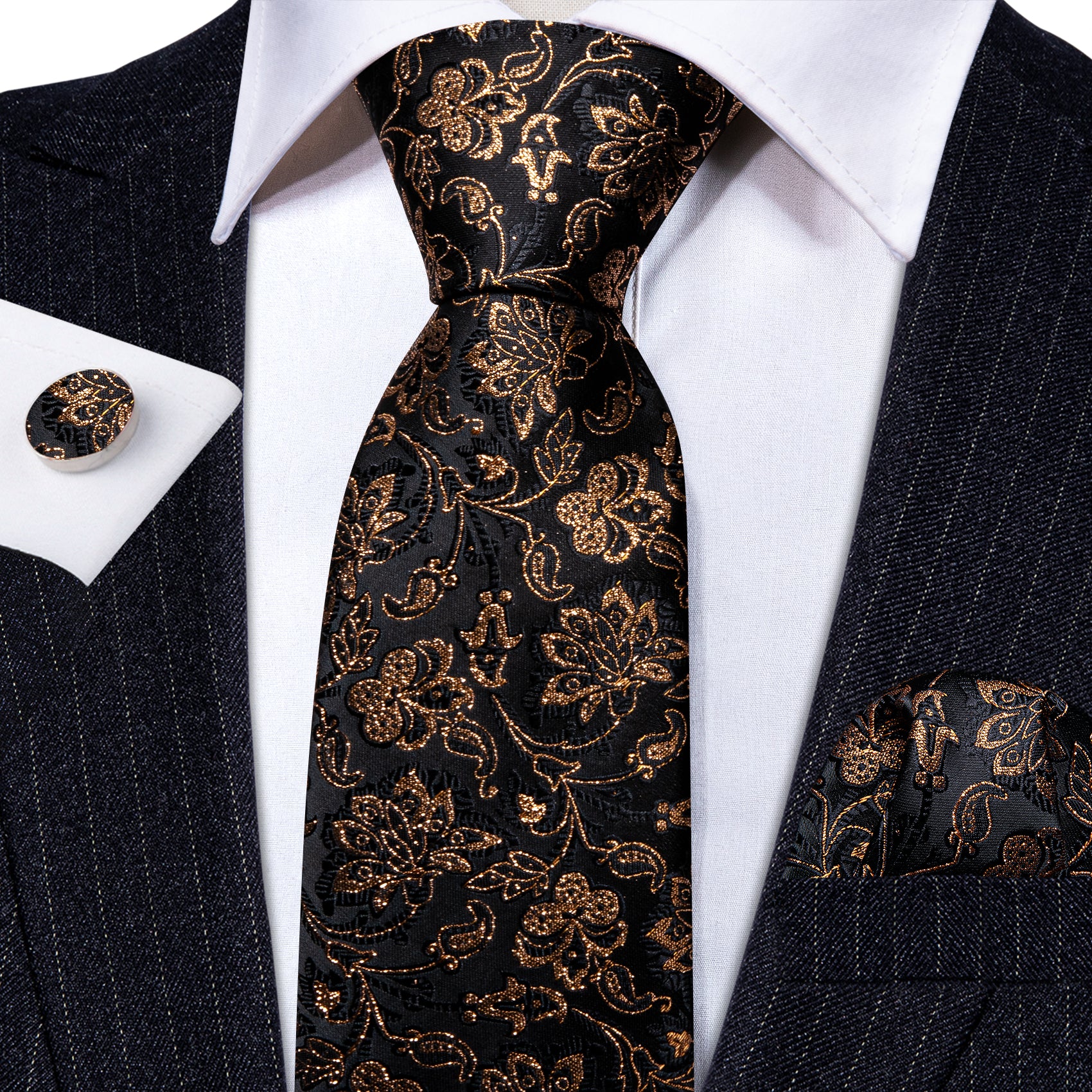 Shining Black Gold Paisley Tie Handkerchief Cufflinks Set