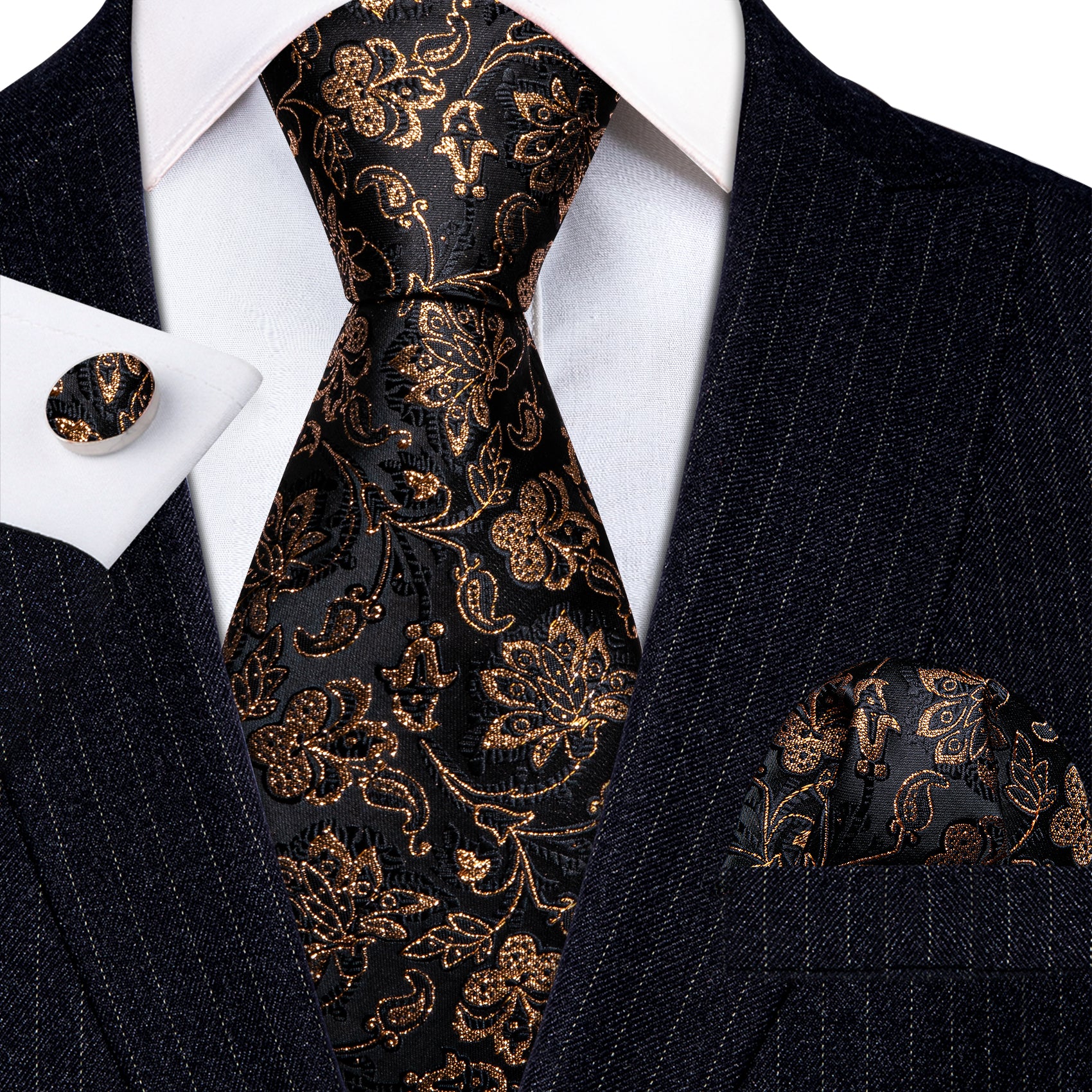 Shining Black Gold Paisley Tie Handkerchief Cufflinks Set