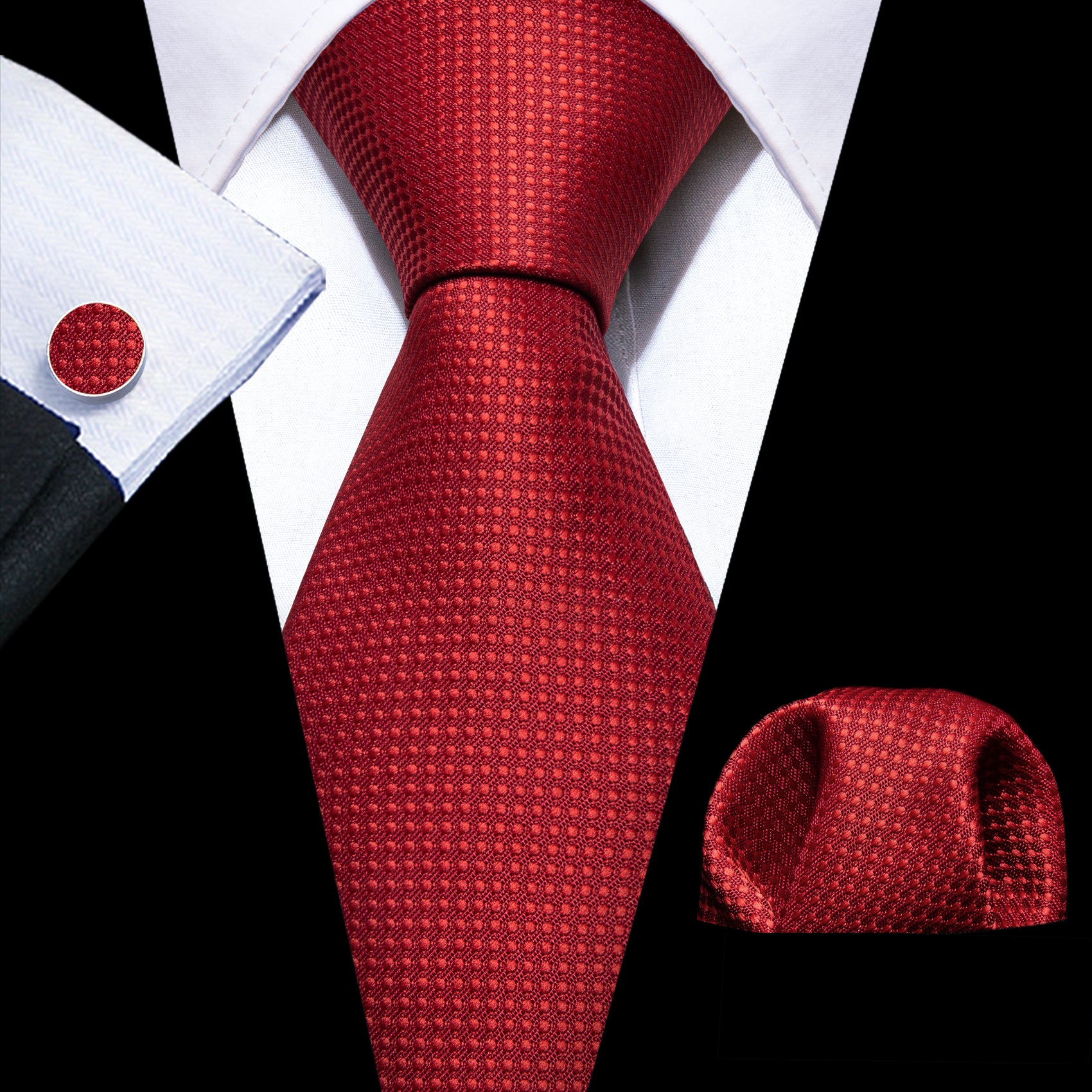 Bright Red Solid Silk Tie Handkerchief Cufflinks Set