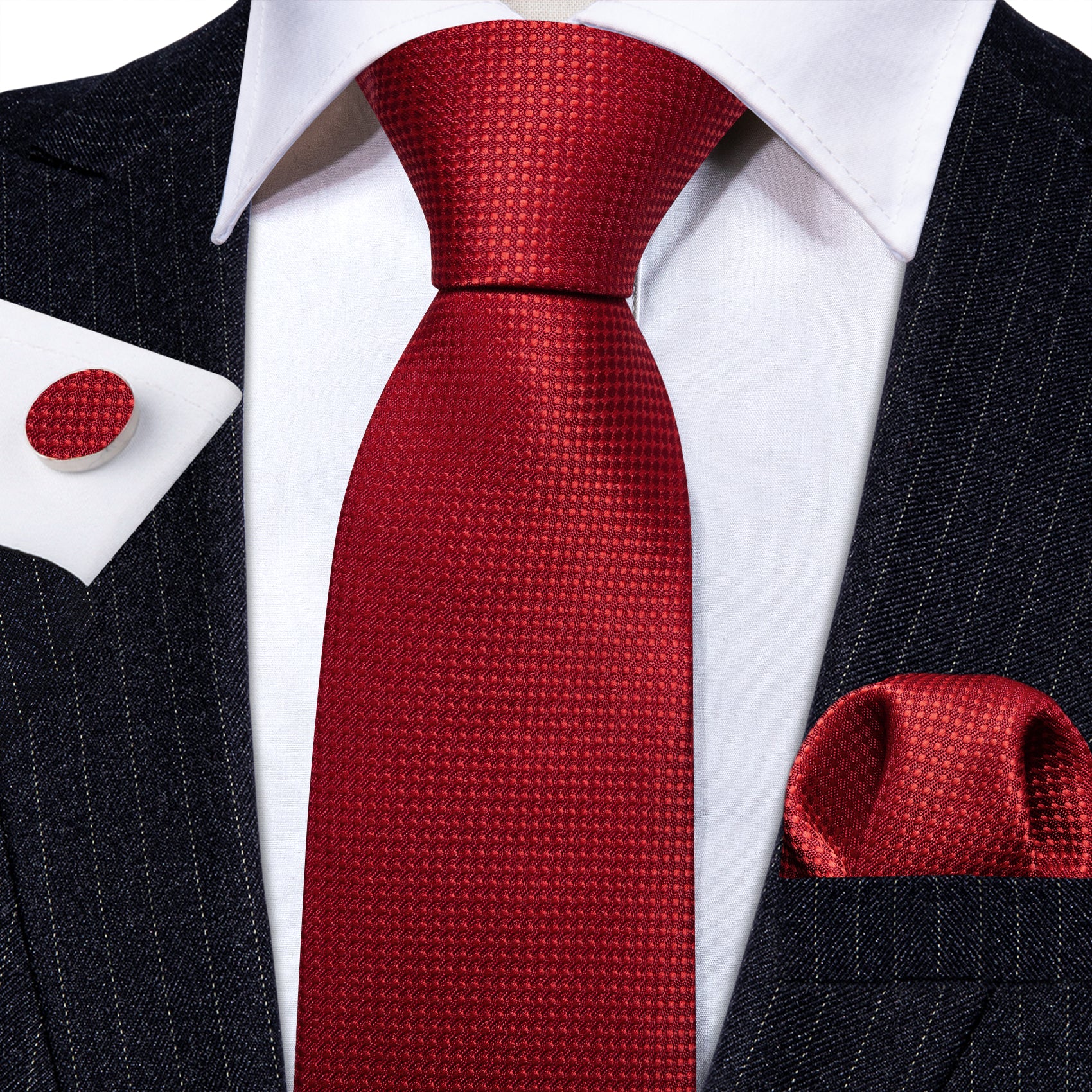 Bright Red Solid Silk Tie Handkerchief Cufflinks Set