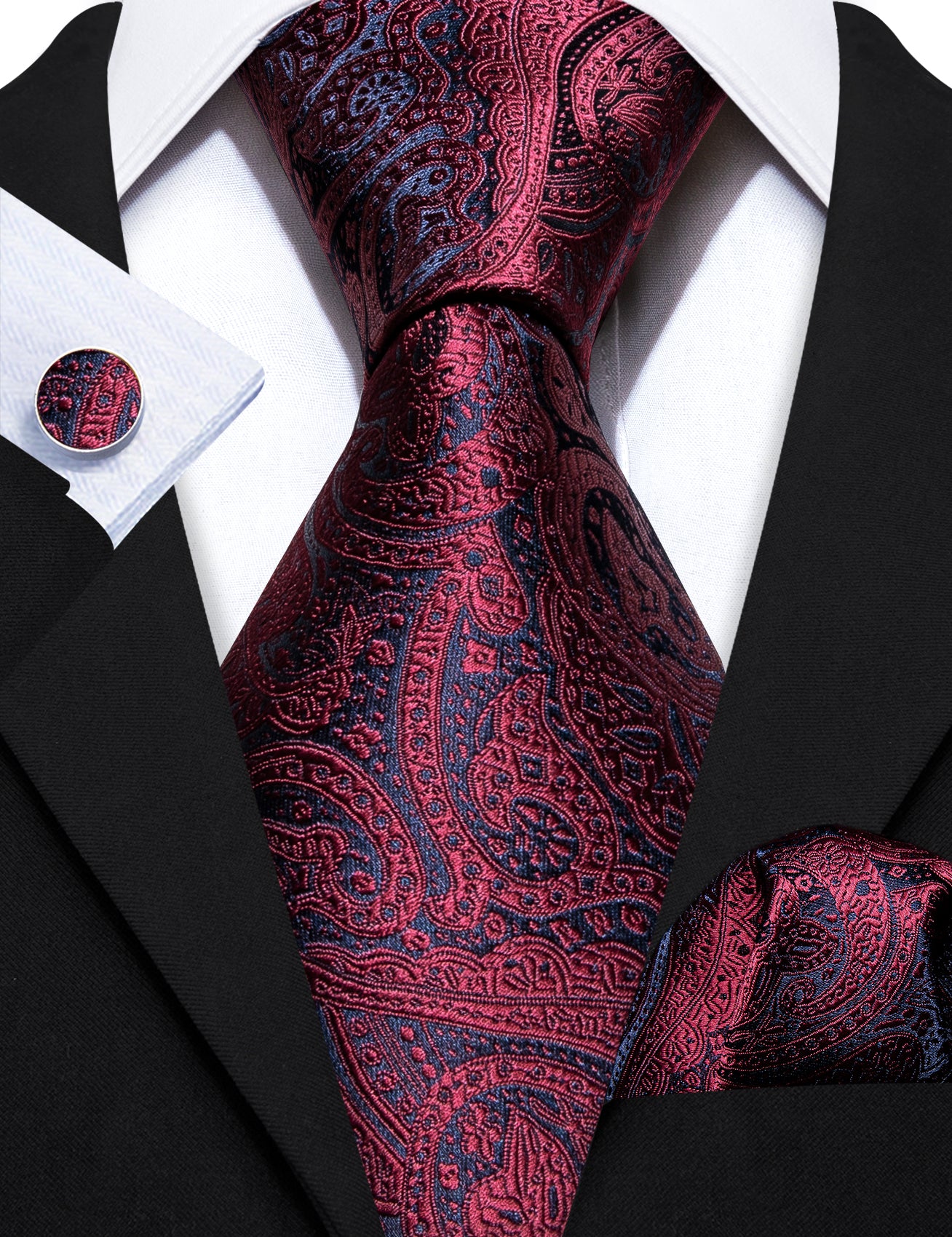 black suit with burgundy tie