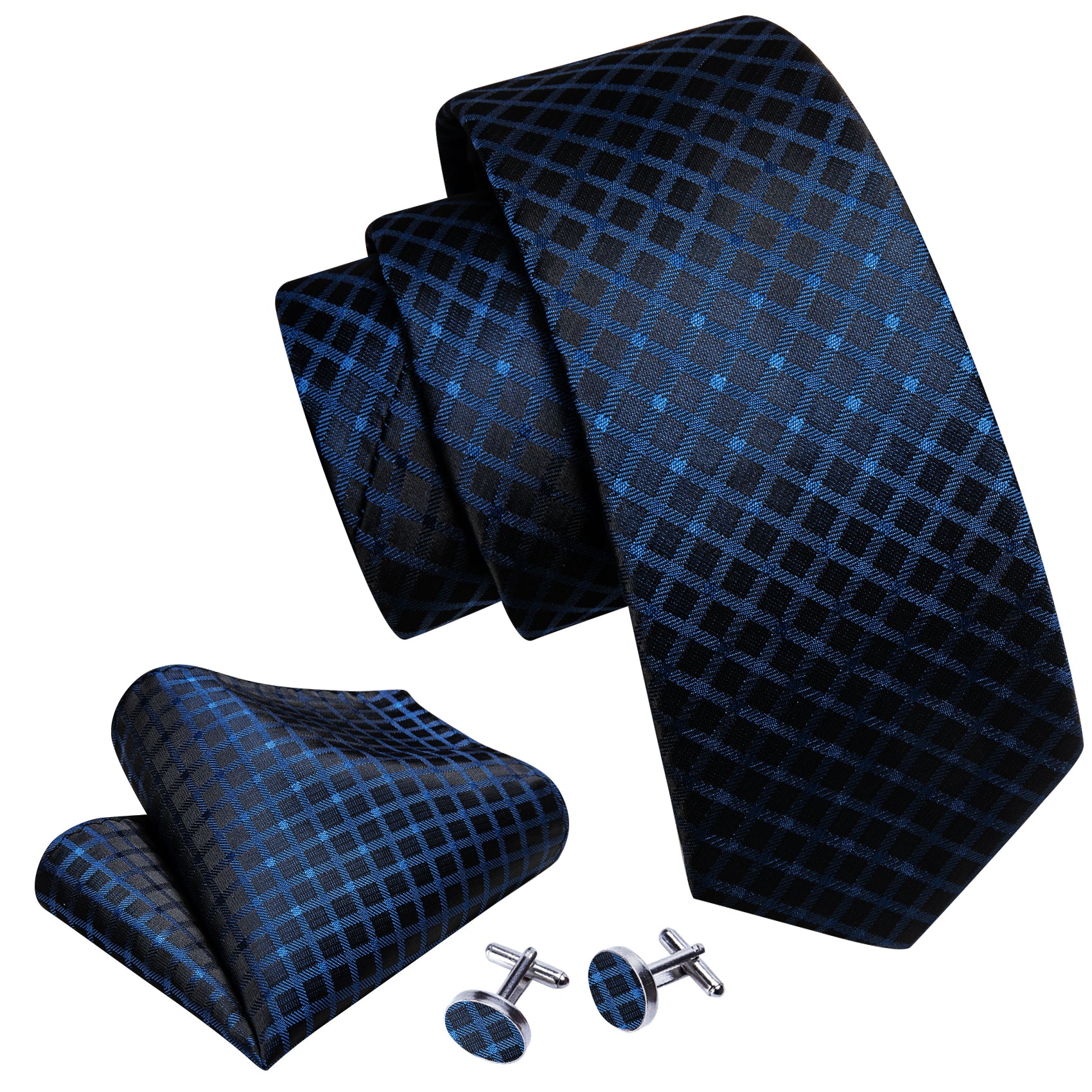 Blue Black Plaid Silk Tie Handkerchief Cufflinks Set