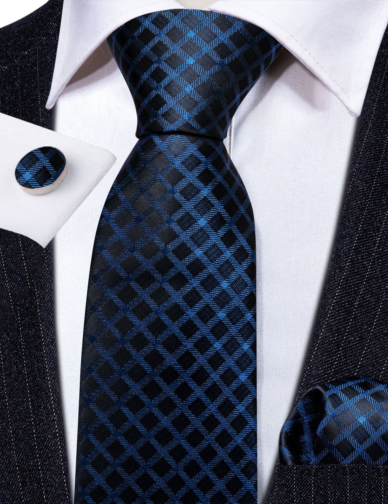 Blue Black Plaid Silk Tie Handkerchief Cufflinks Set