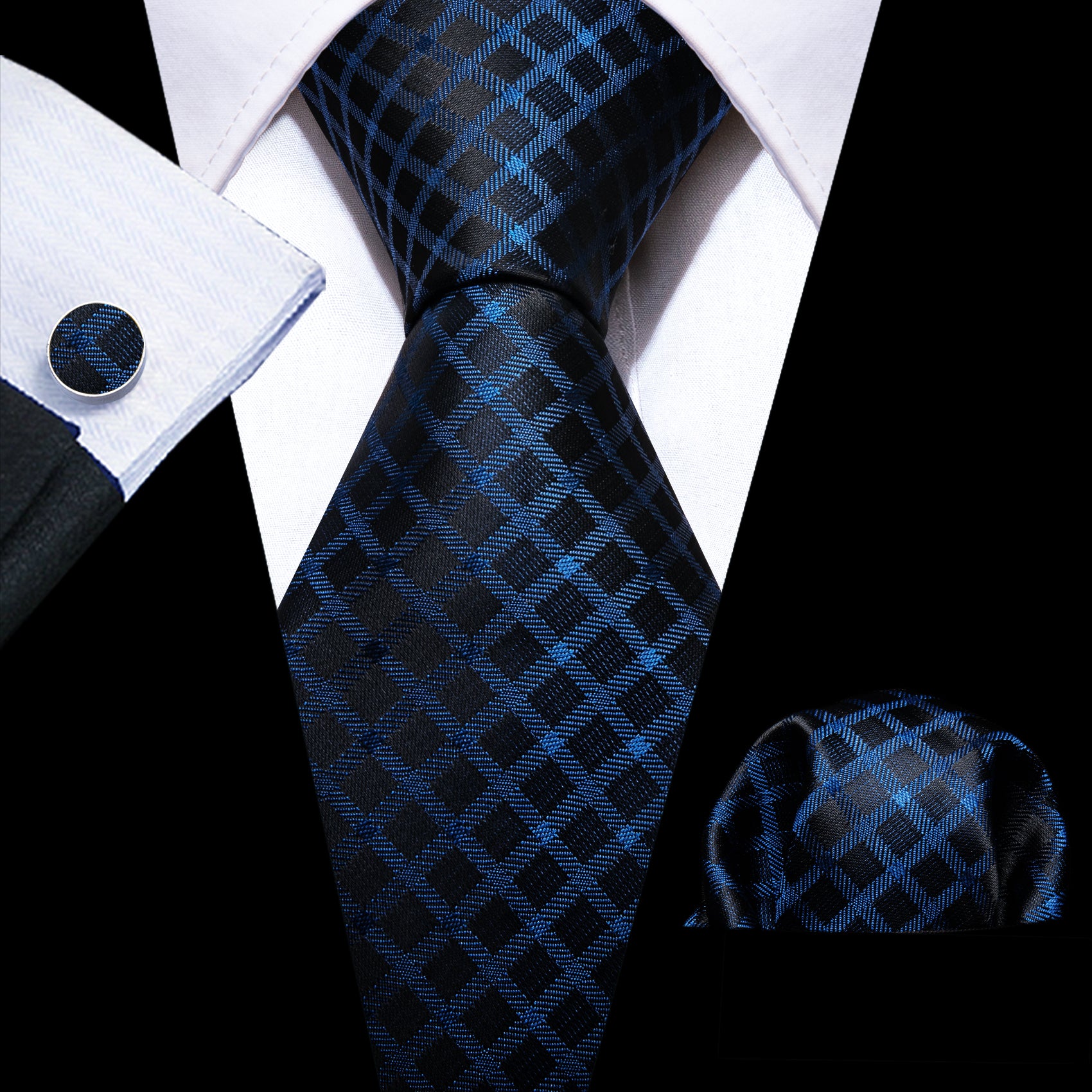 Blue Black Plaid Silk Tie Handkerchief Cufflinks Set