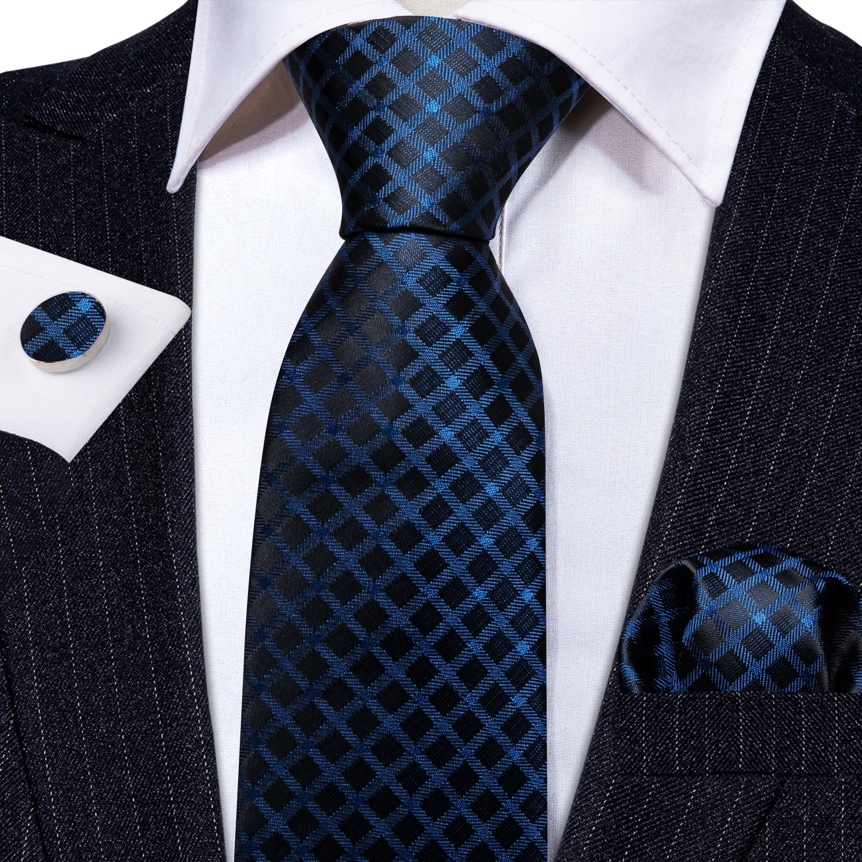 Blue Black Plaid Silk Tie Handkerchief Cufflinks Set