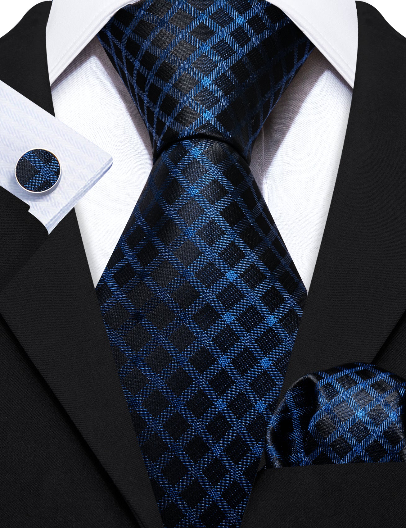 Blue Black Plaid Silk Tie Handkerchief Cufflinks Set