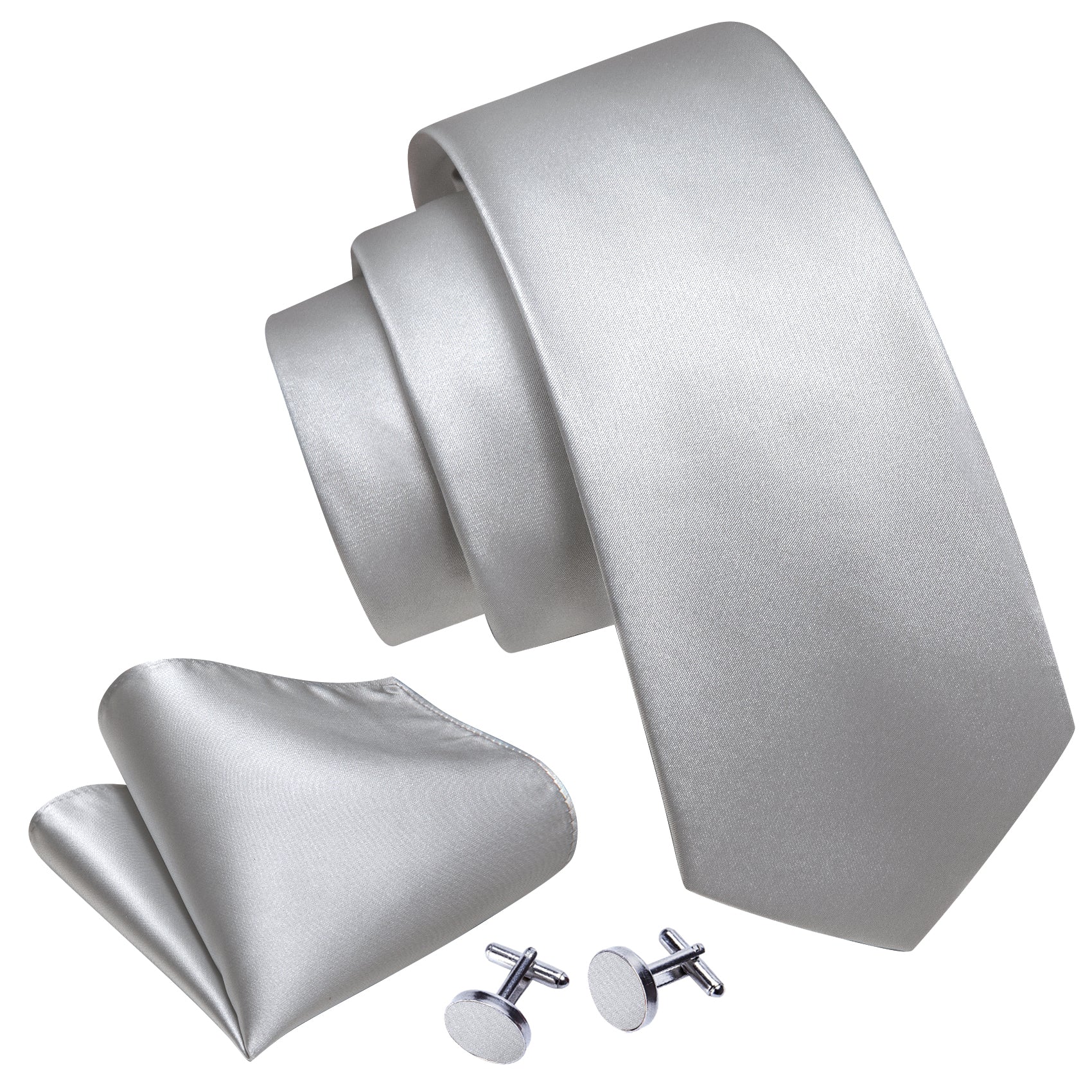 Gray wool, Silk Band, Silk Neck Tie, Cuff Links and high quality Pocket Puff