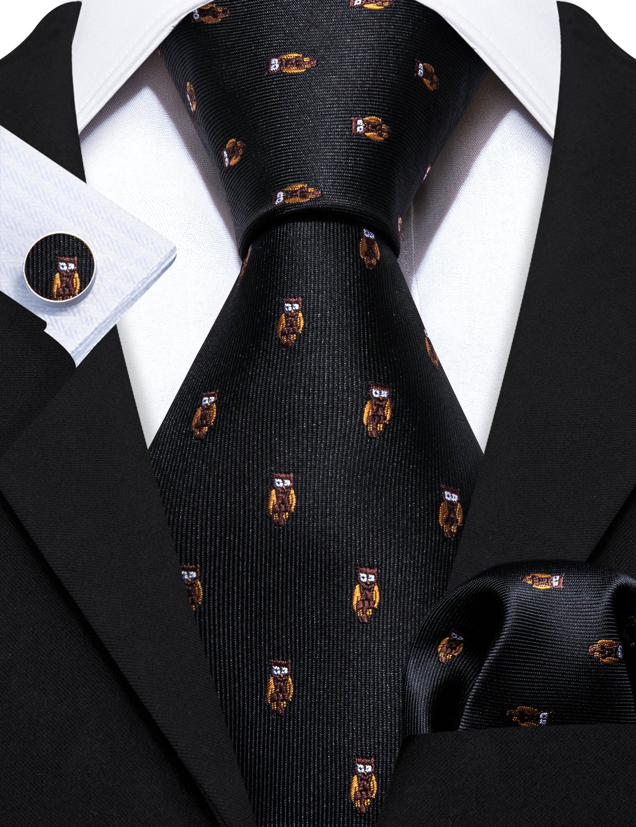 Barry.wang Black Tie Brown Owl Print Silk Tie Handkerchief Cufflinks Set
