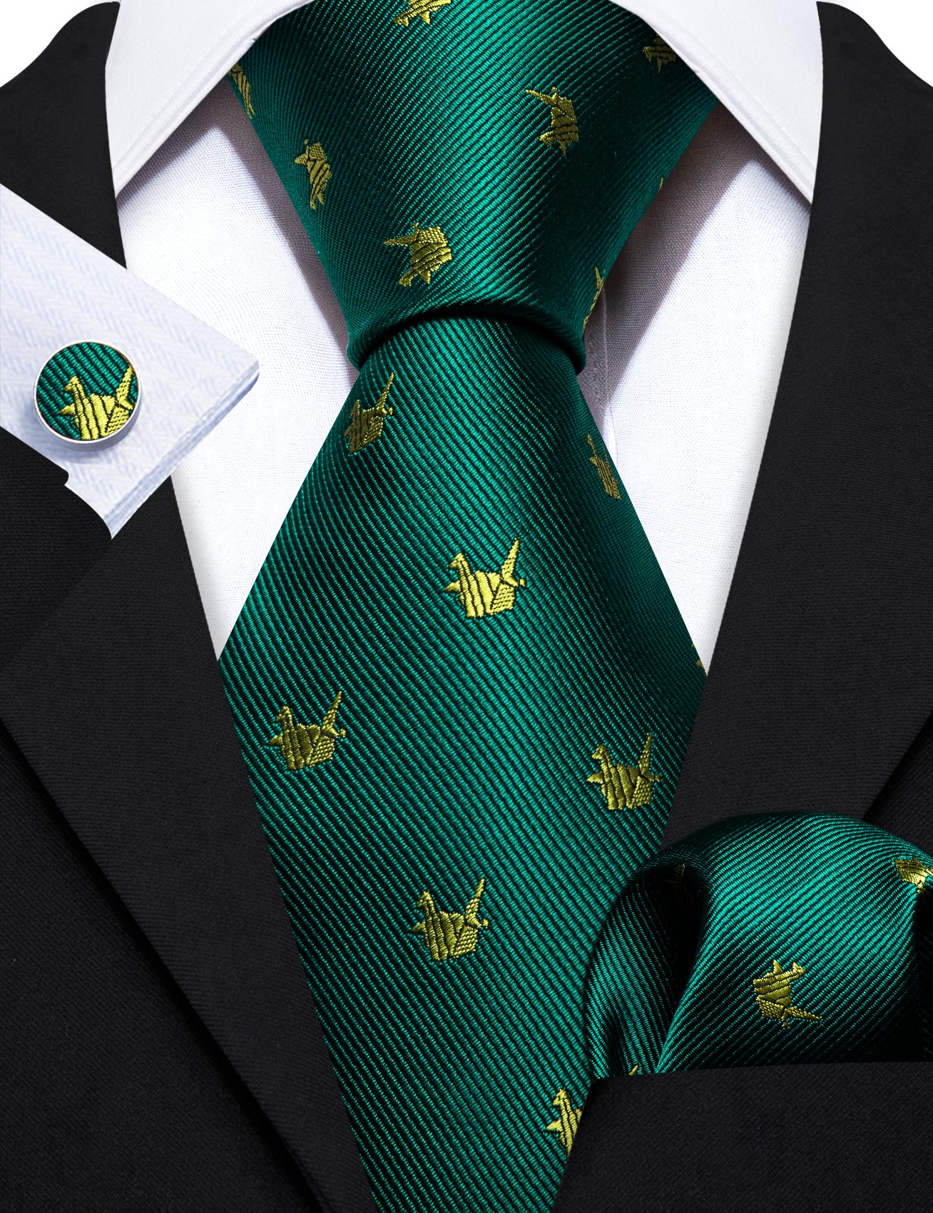 Green Yellow Cranes Print Silk Tie Handkerchief Cufflinks Set