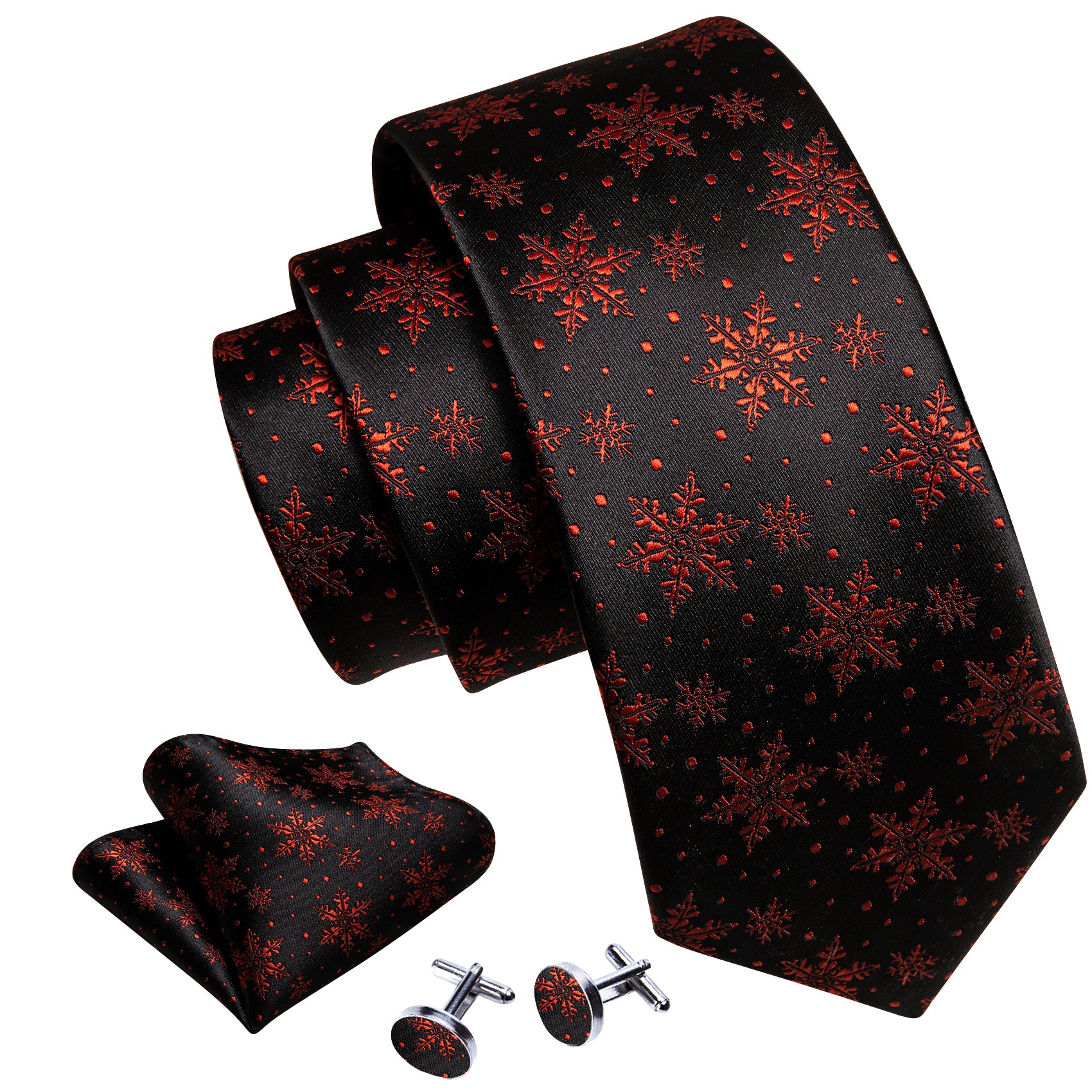 Christmas Black Red Snowflake Tie Handkerchief Cufflinks Set