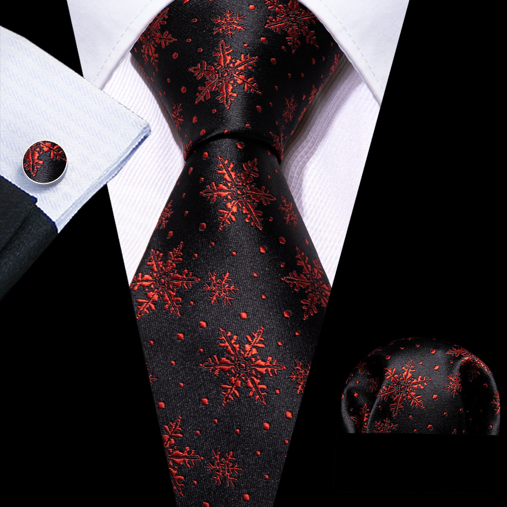 Christmas Black Red Snowflake Tie Handkerchief Cufflinks Set