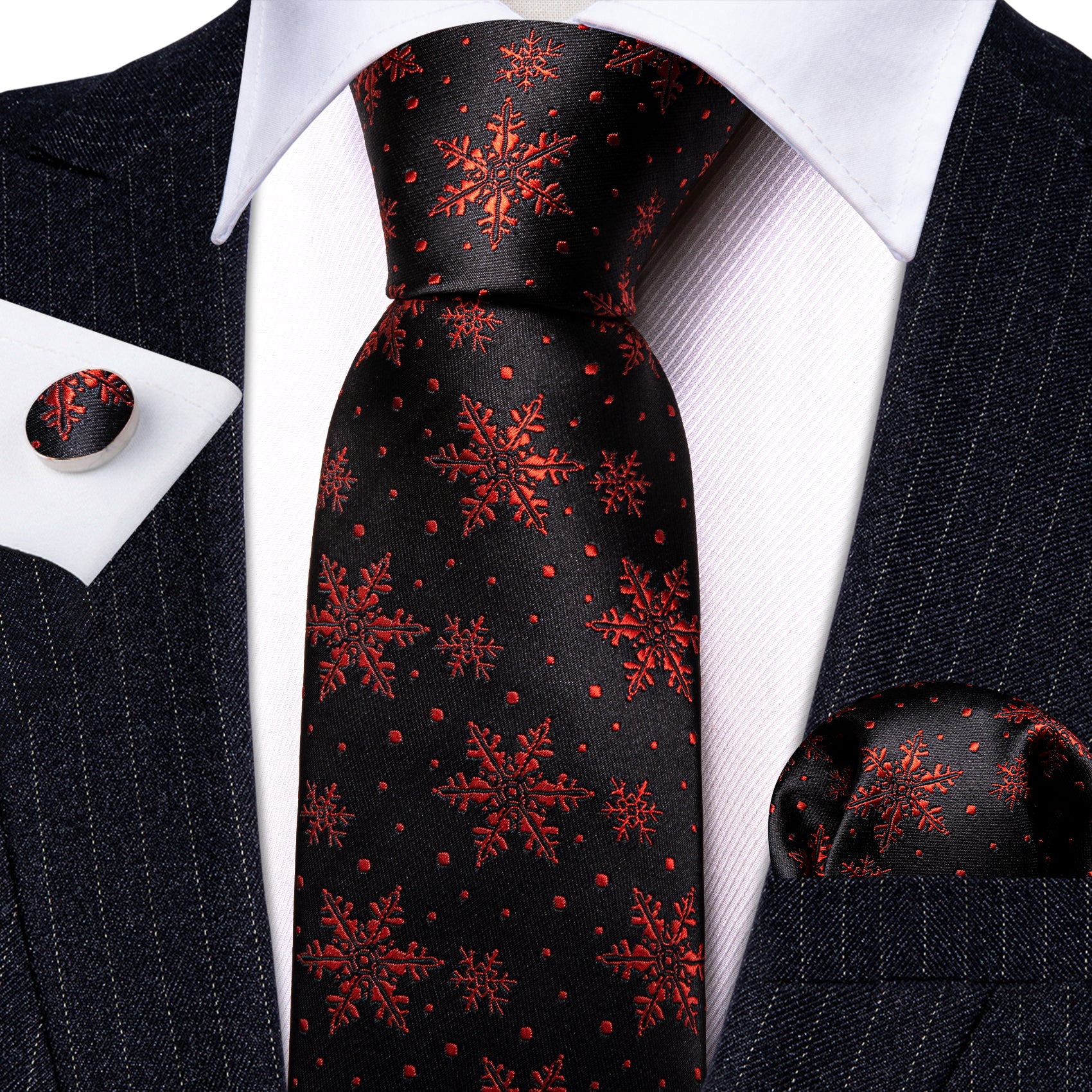 Christmas Black Red Snowflake Tie Handkerchief Cufflinks Set