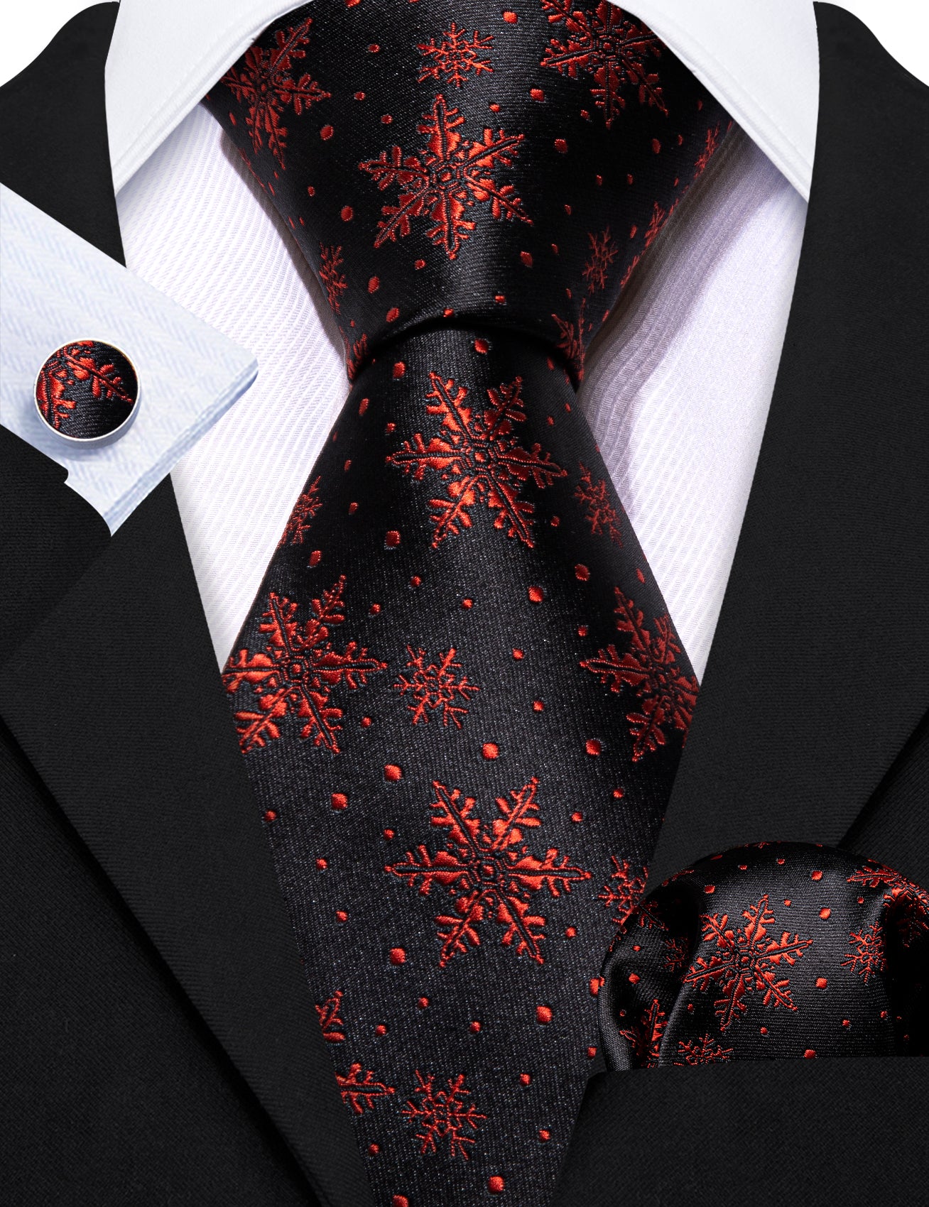 Christmas Black Red Snowflake Tie Handkerchief Cufflinks Set