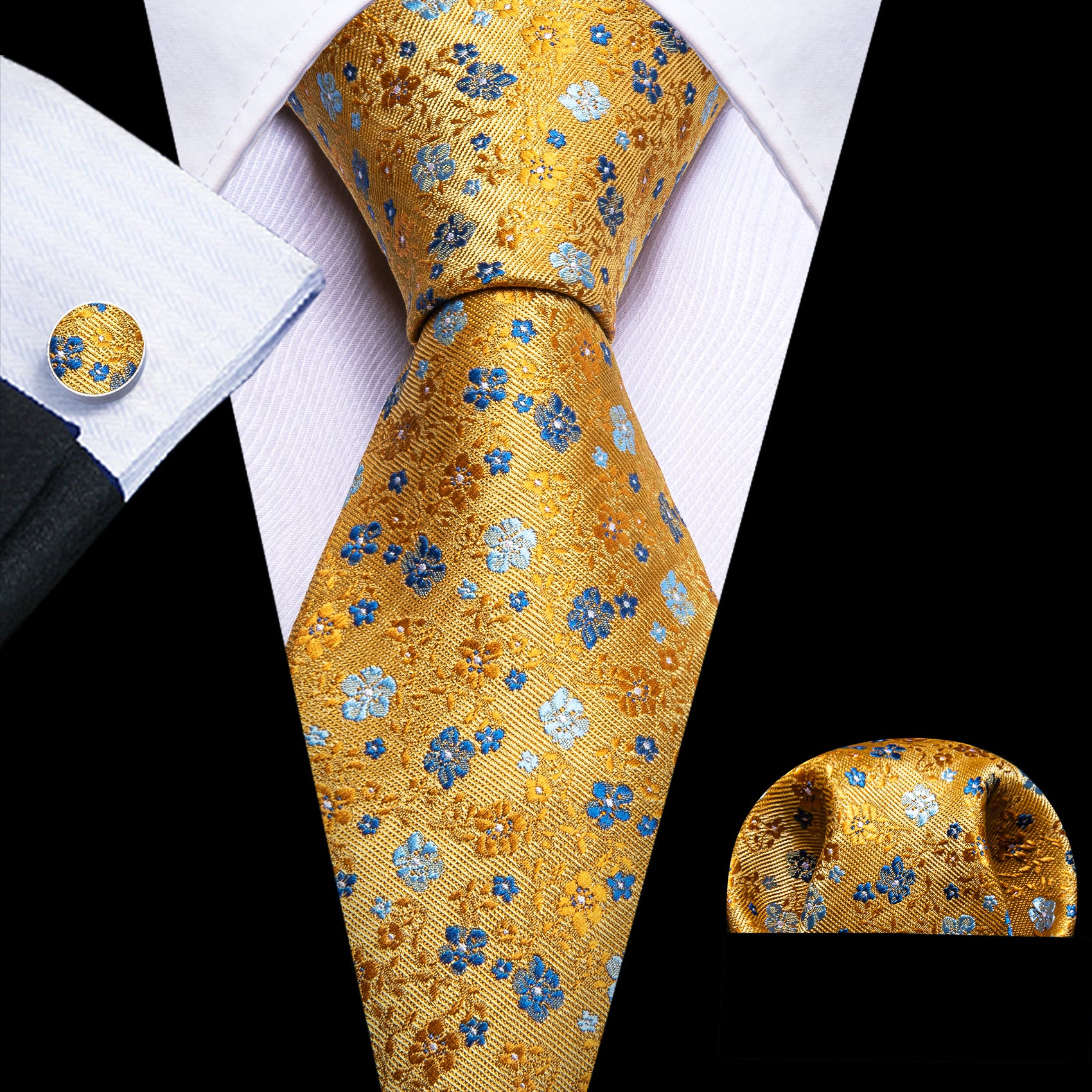 Yellow Blue Flower Tie Handkerchief Cufflinks Set