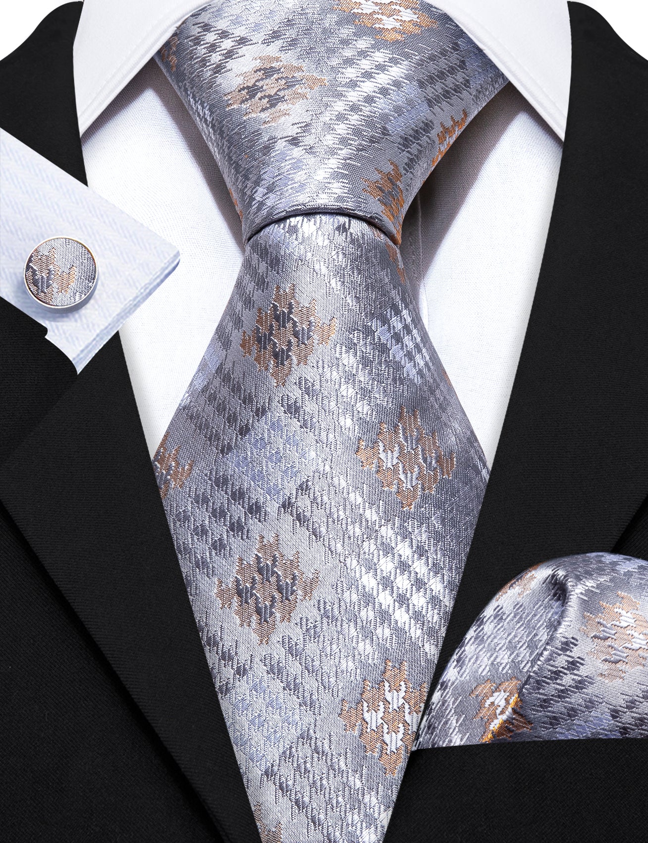 Grey Silver Plaid Silk Tie Handkerchief Cufflinks Set