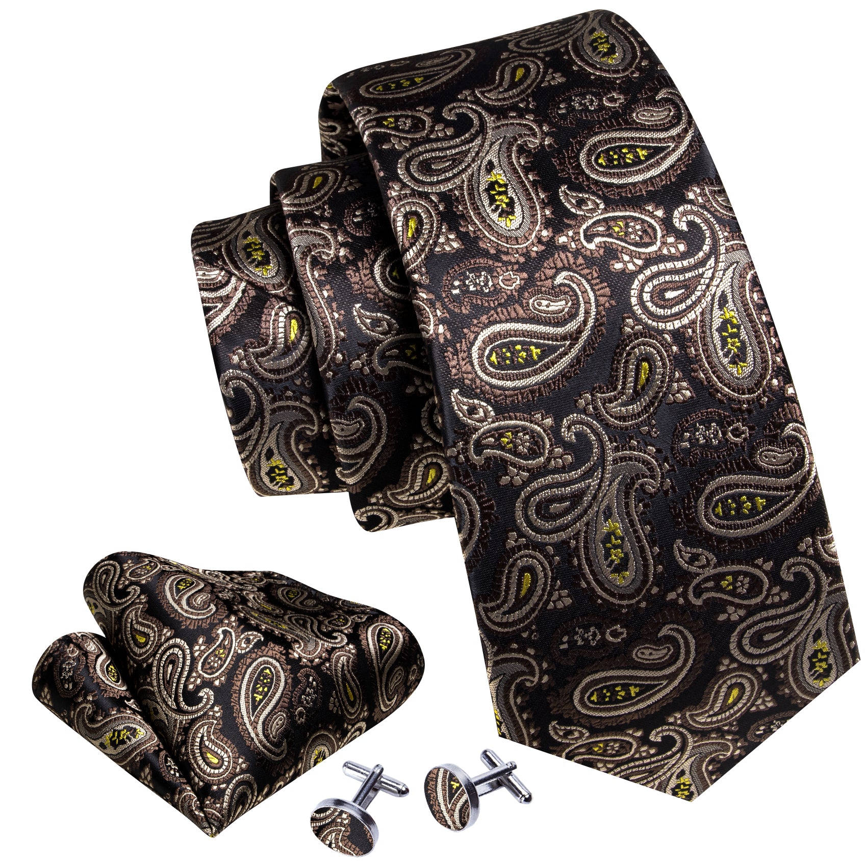  Brown Yellow Paisley Silk Tie Handkerchief Cufflinks Set