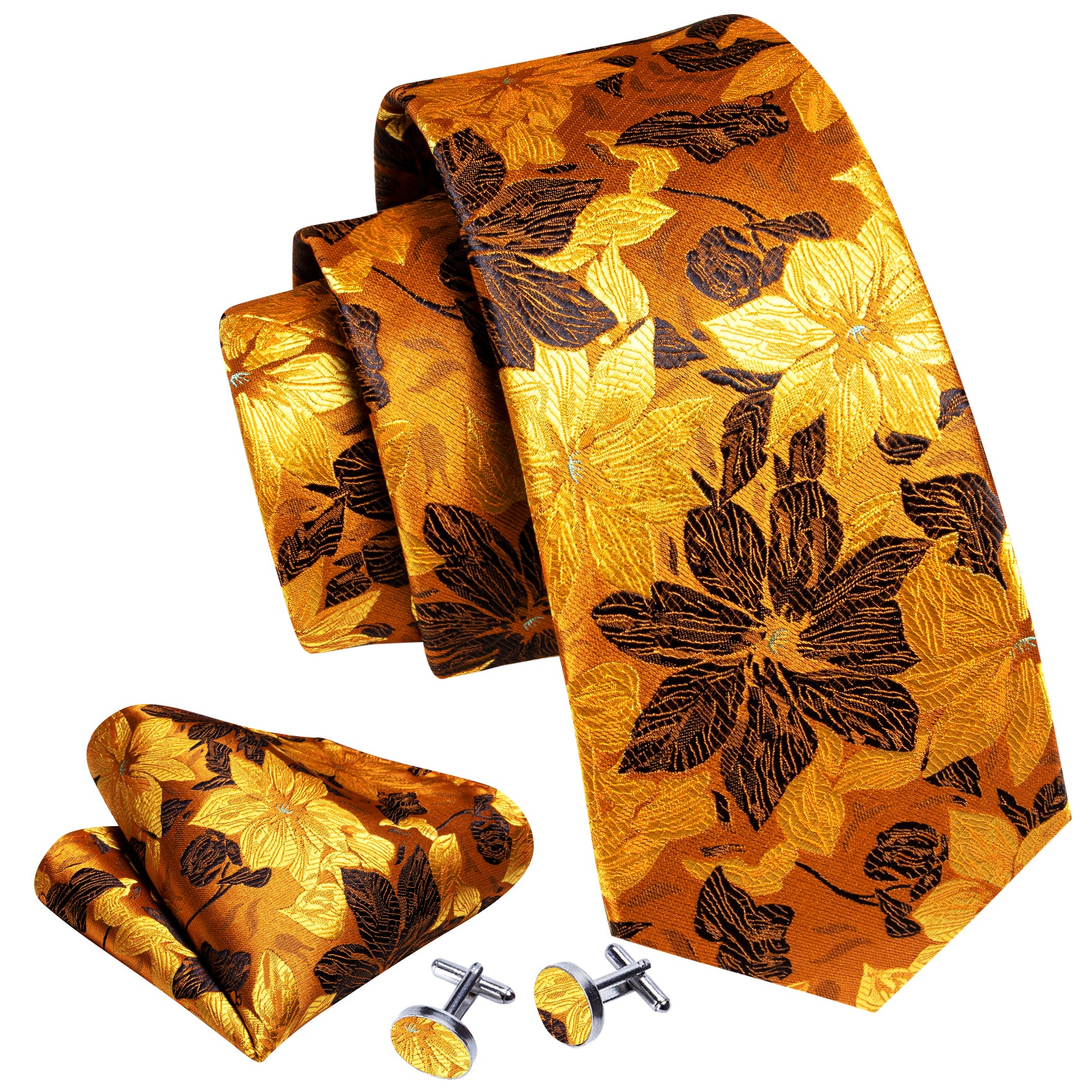 Gold Brown Brich Leaves Silk Tie Handkerchief Cufflinks Set