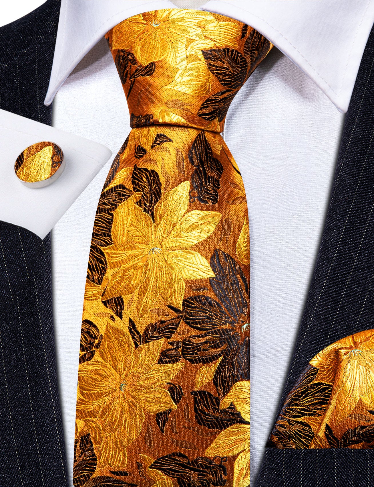 Gold Brown Brich Leaves Silk Tie Handkerchief Cufflinks Set