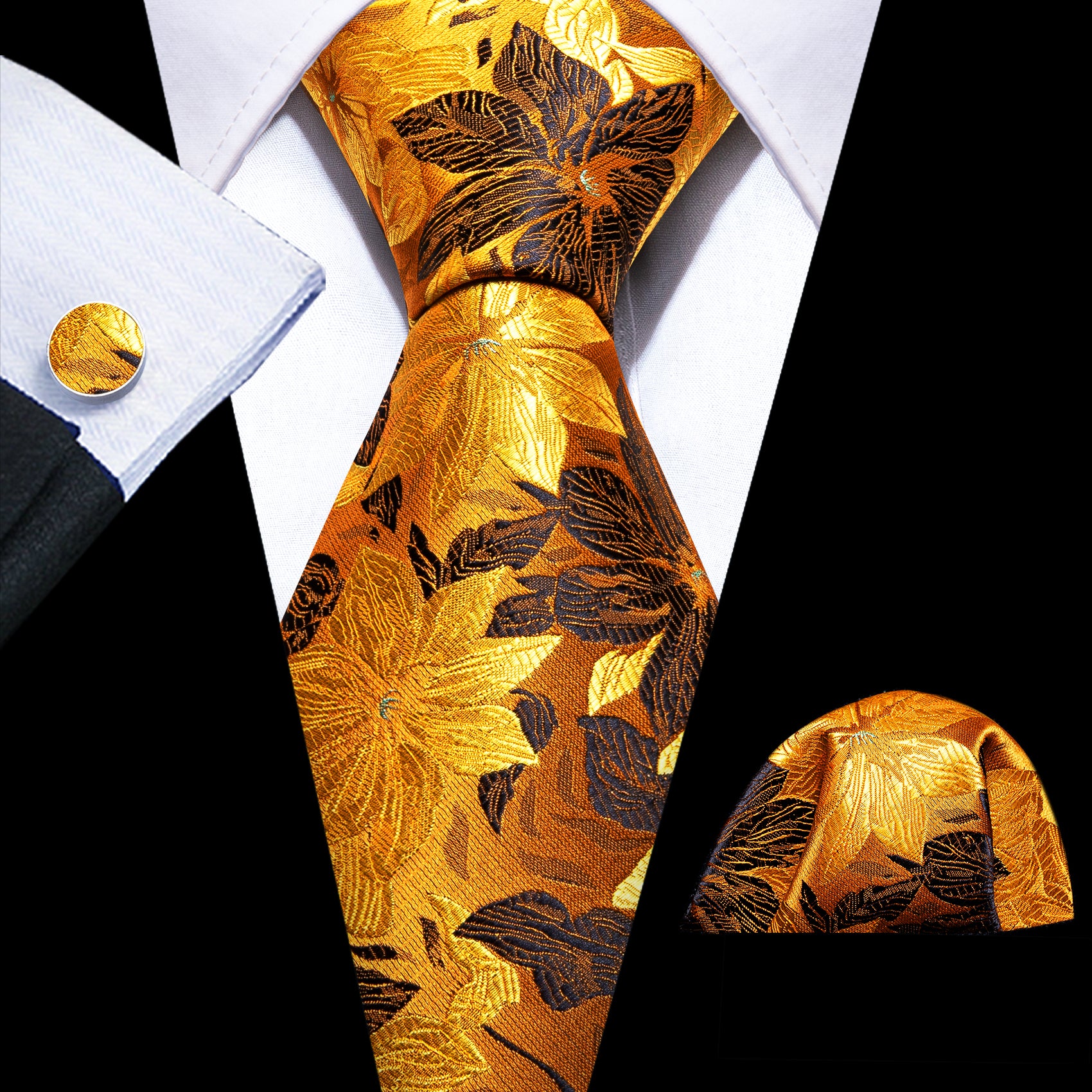 Gold Brown Brich Leaves Silk Tie Handkerchief Cufflinks Set