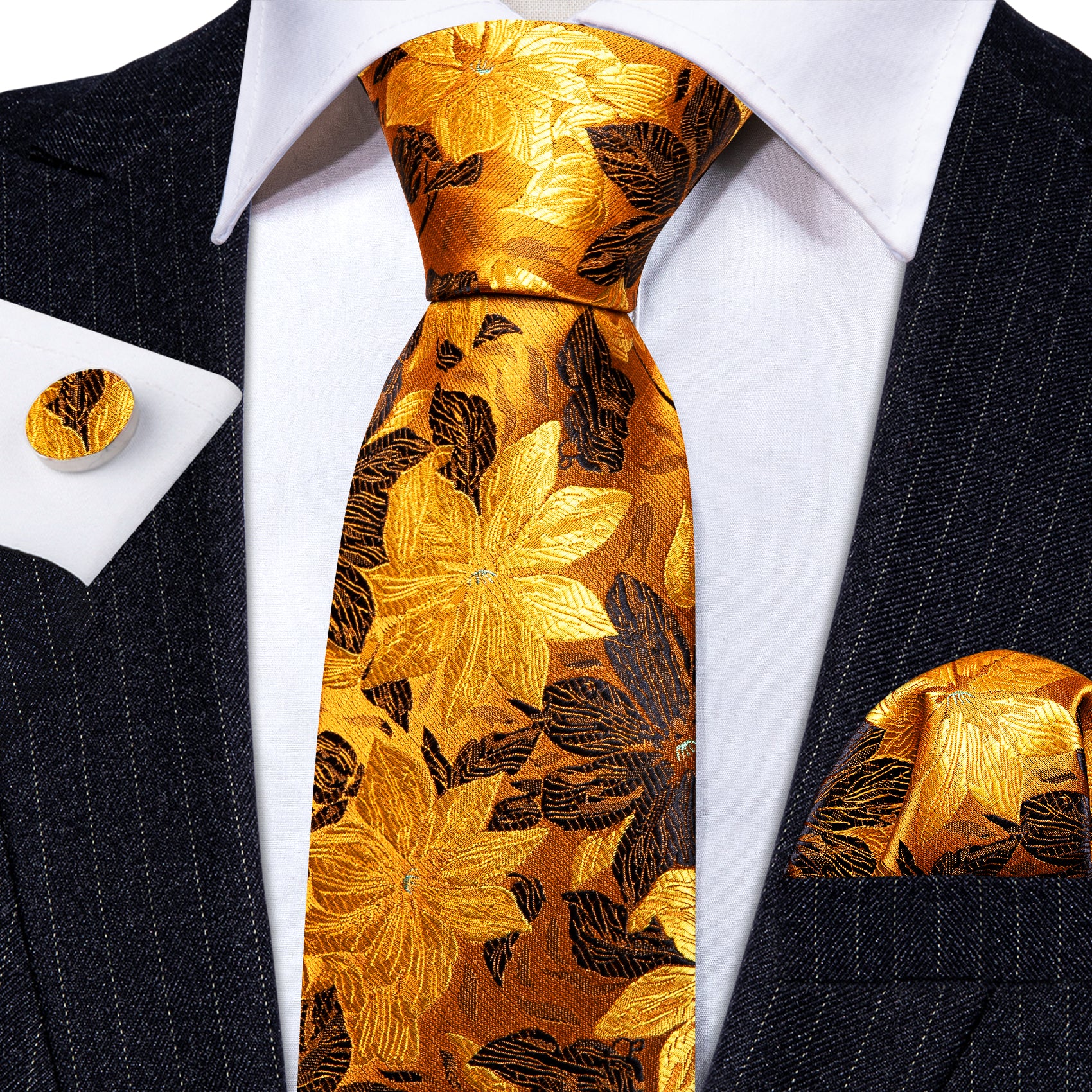 Gold Brown Brich Leaves Silk Tie Handkerchief Cufflinks Set