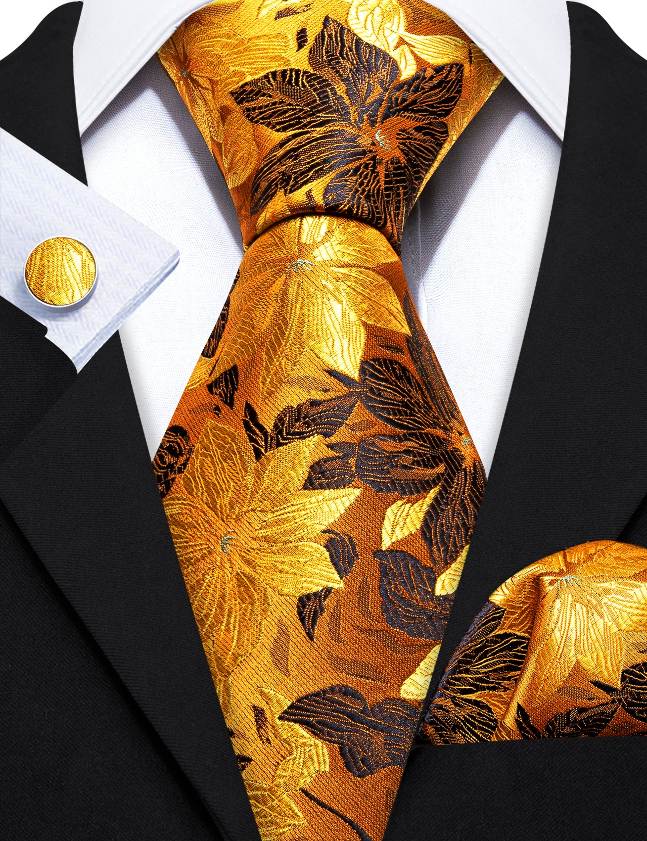 Gold Brown Brich Leaves Silk Tie Handkerchief Cufflinks Set