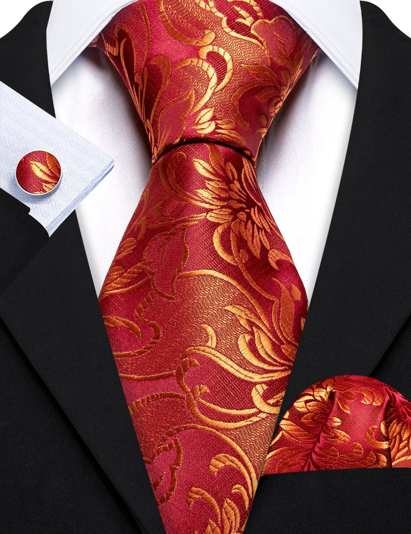 Gold Red Flower Paisley Silk Tie Handkerchief Cufflinks Set