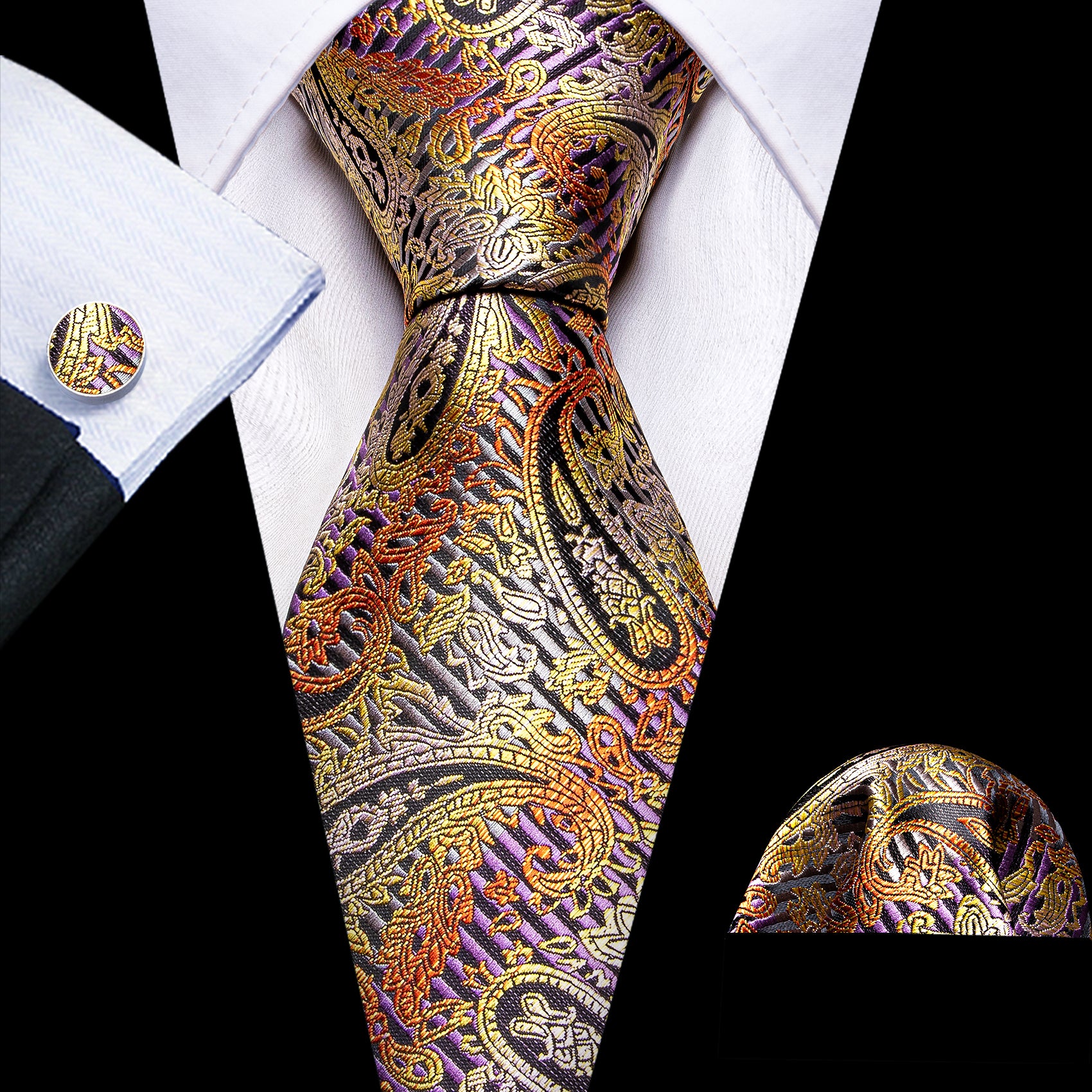 Purple Gold Paisley Silk Tie Handkerchief Cufflinks Set