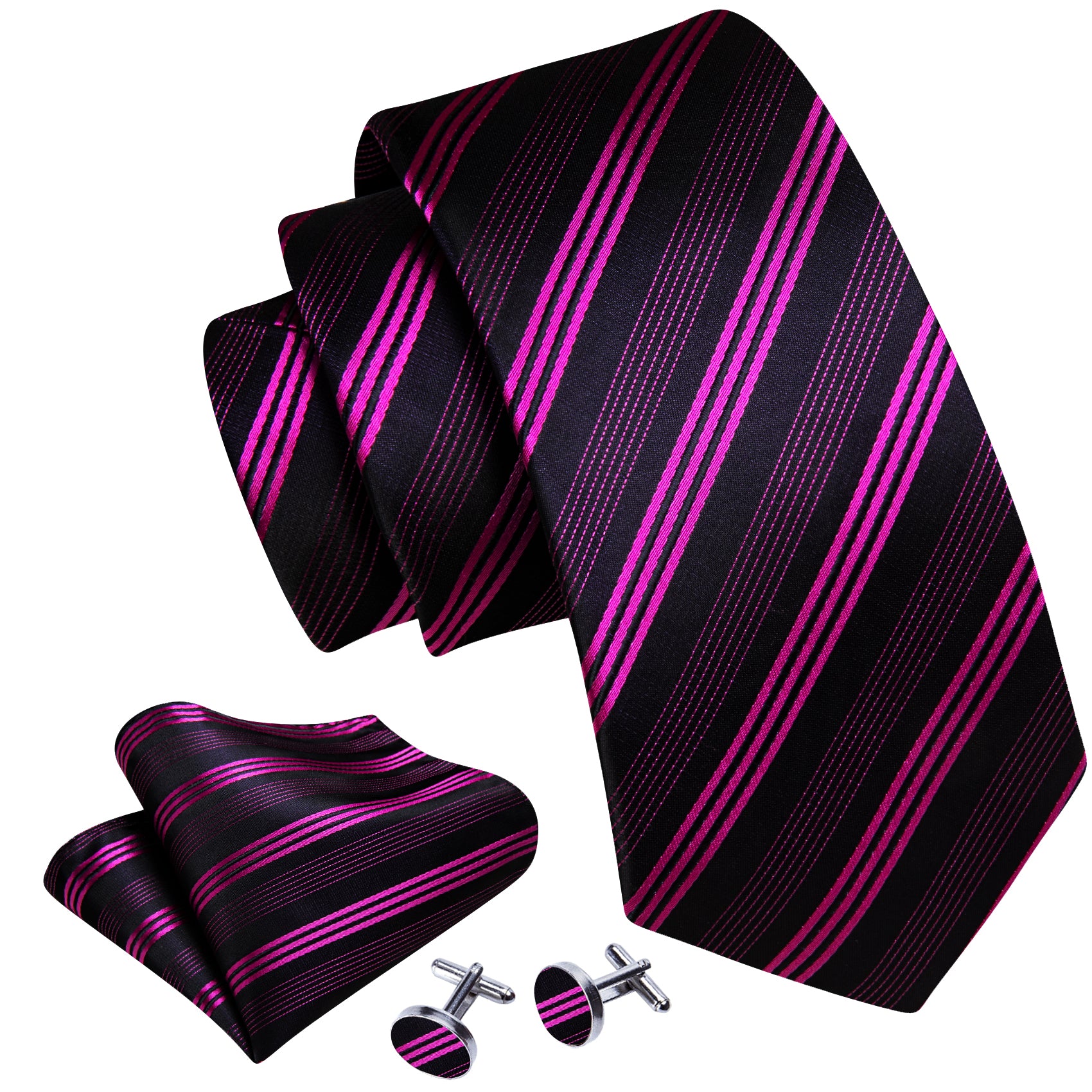 Rose Red Black Striped Silk Tie Handkerchief Cufflinks Set