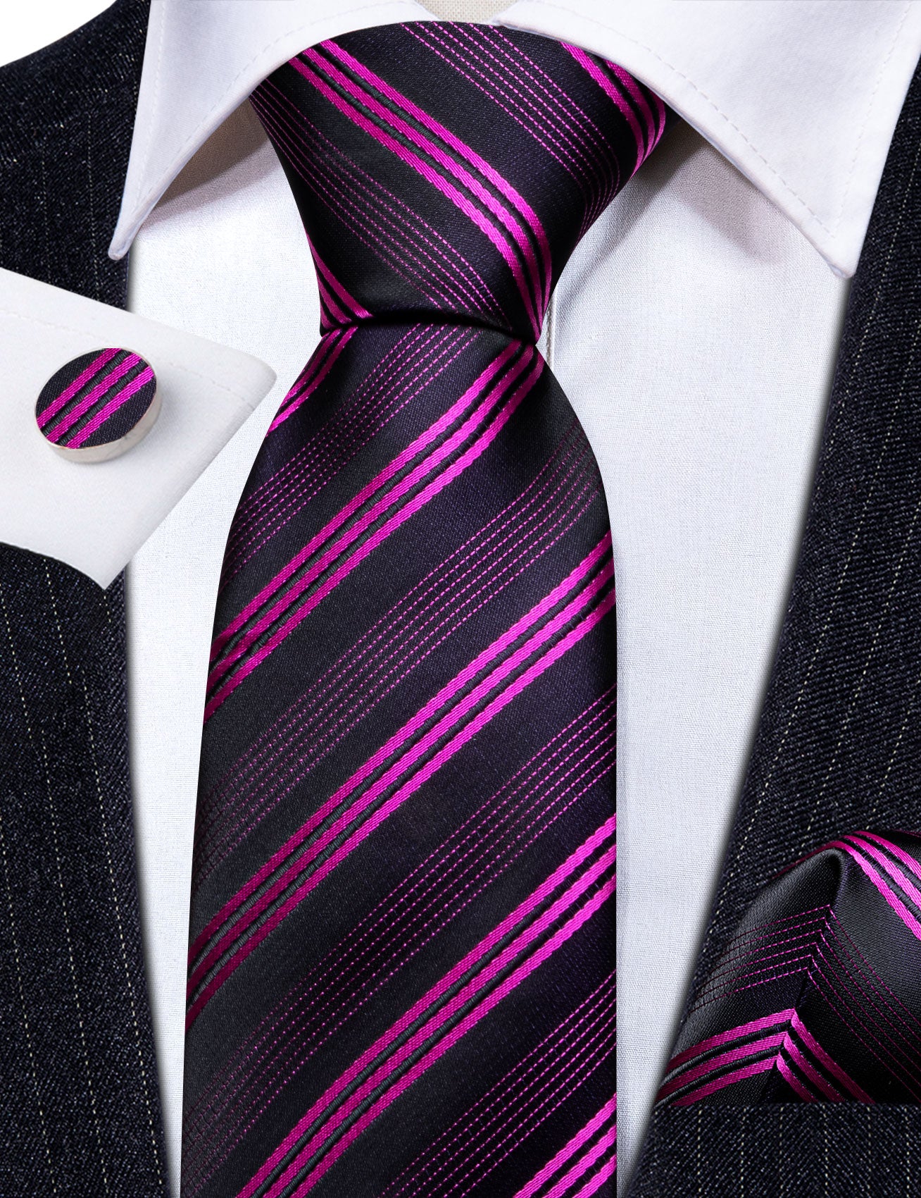 Rose Red Black Striped Silk Tie Handkerchief Cufflinks Set