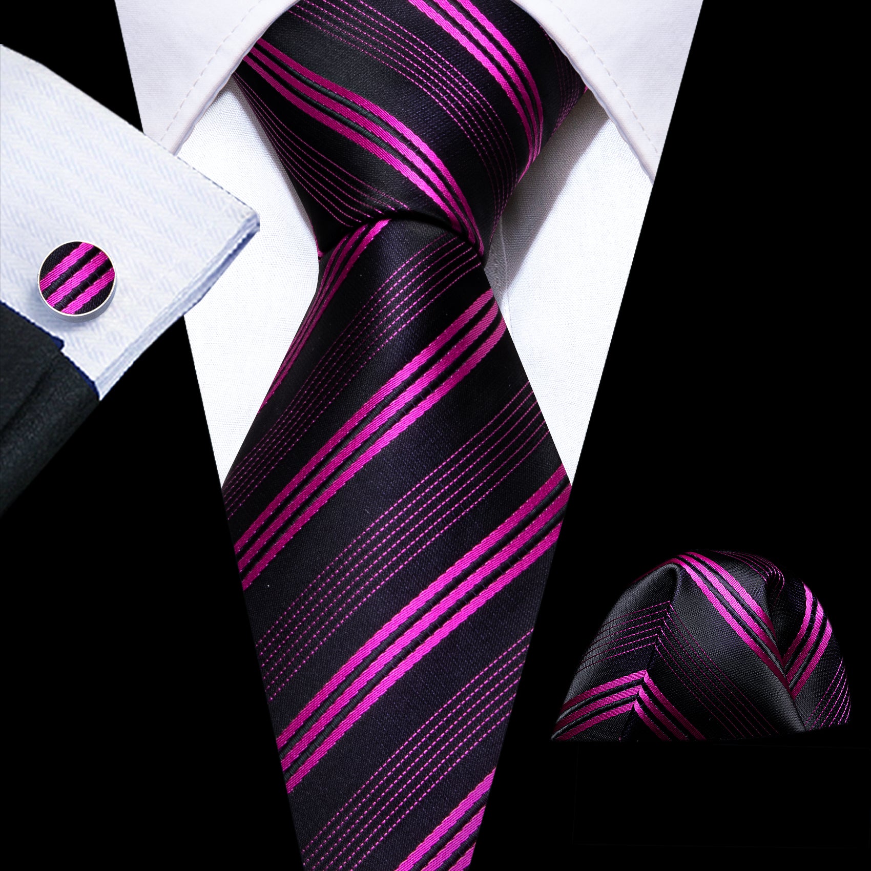 Rose Red Black Striped Silk Tie Handkerchief Cufflinks Set