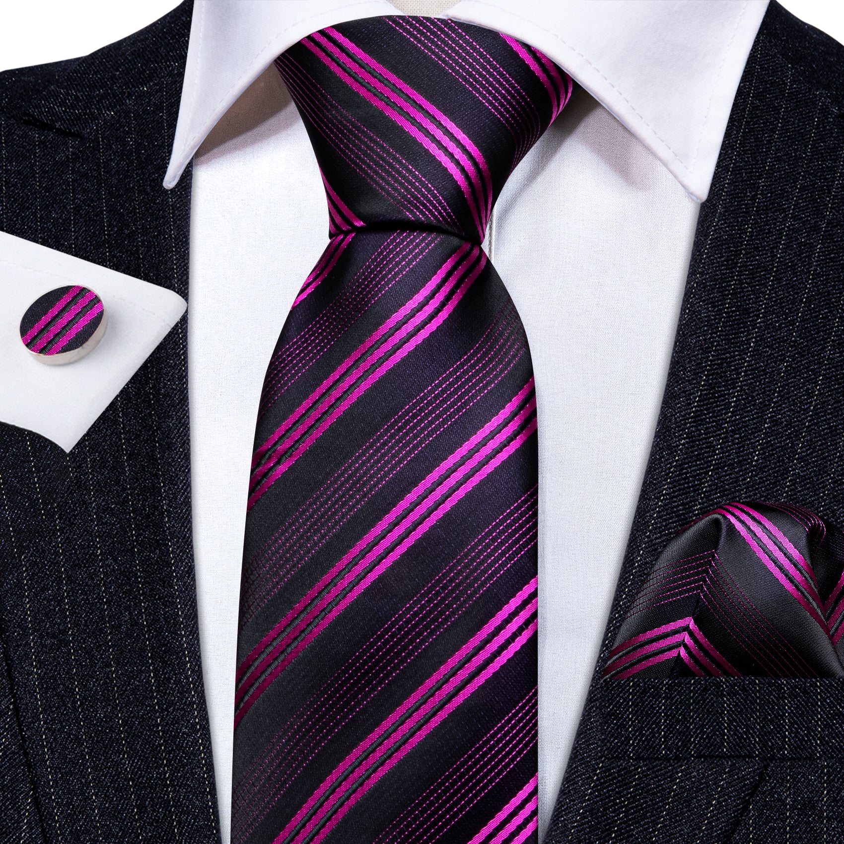 Rose Red Black Striped Silk Tie Handkerchief Cufflinks Set