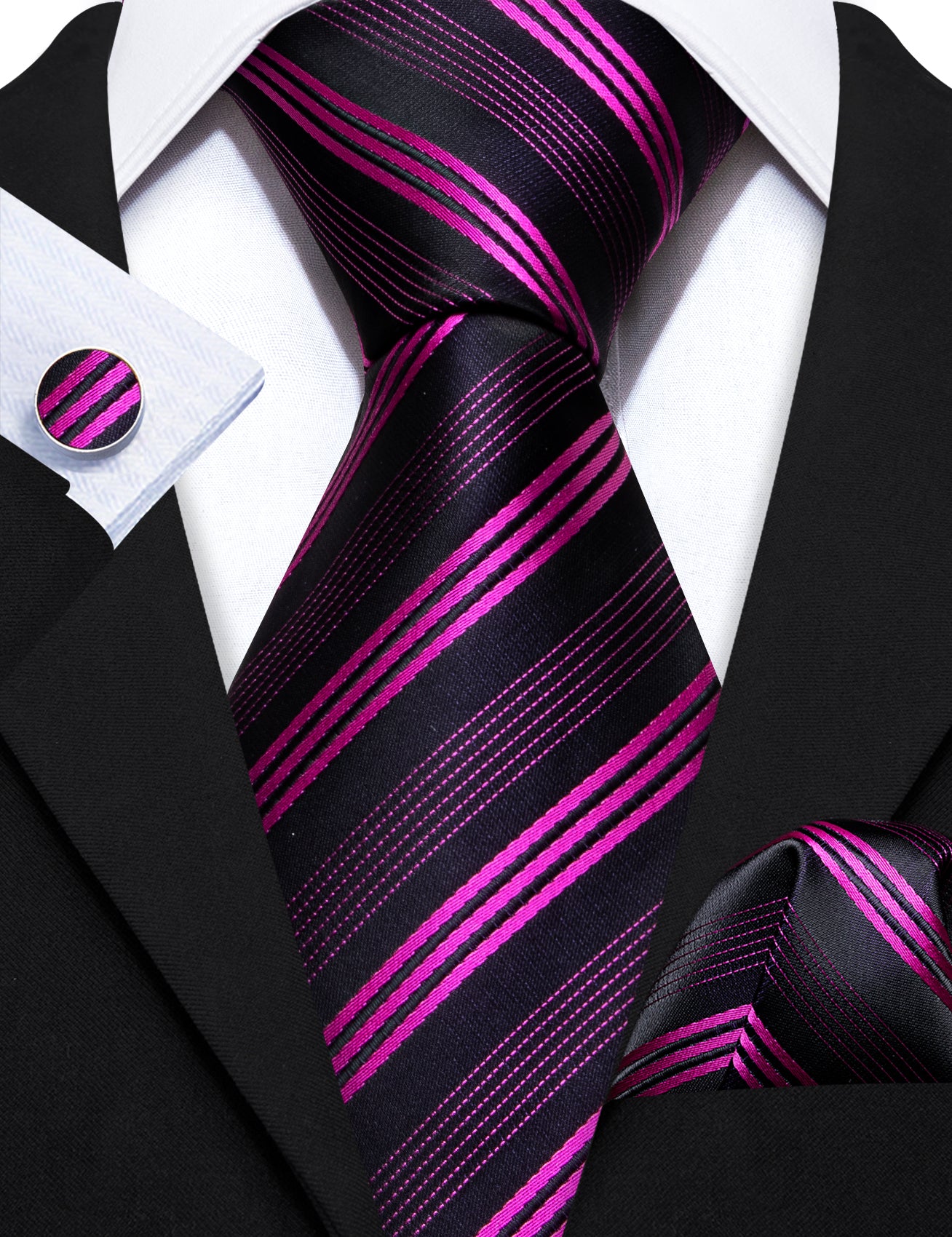 Rose Red Black Striped Silk Tie Handkerchief Cufflinks Set