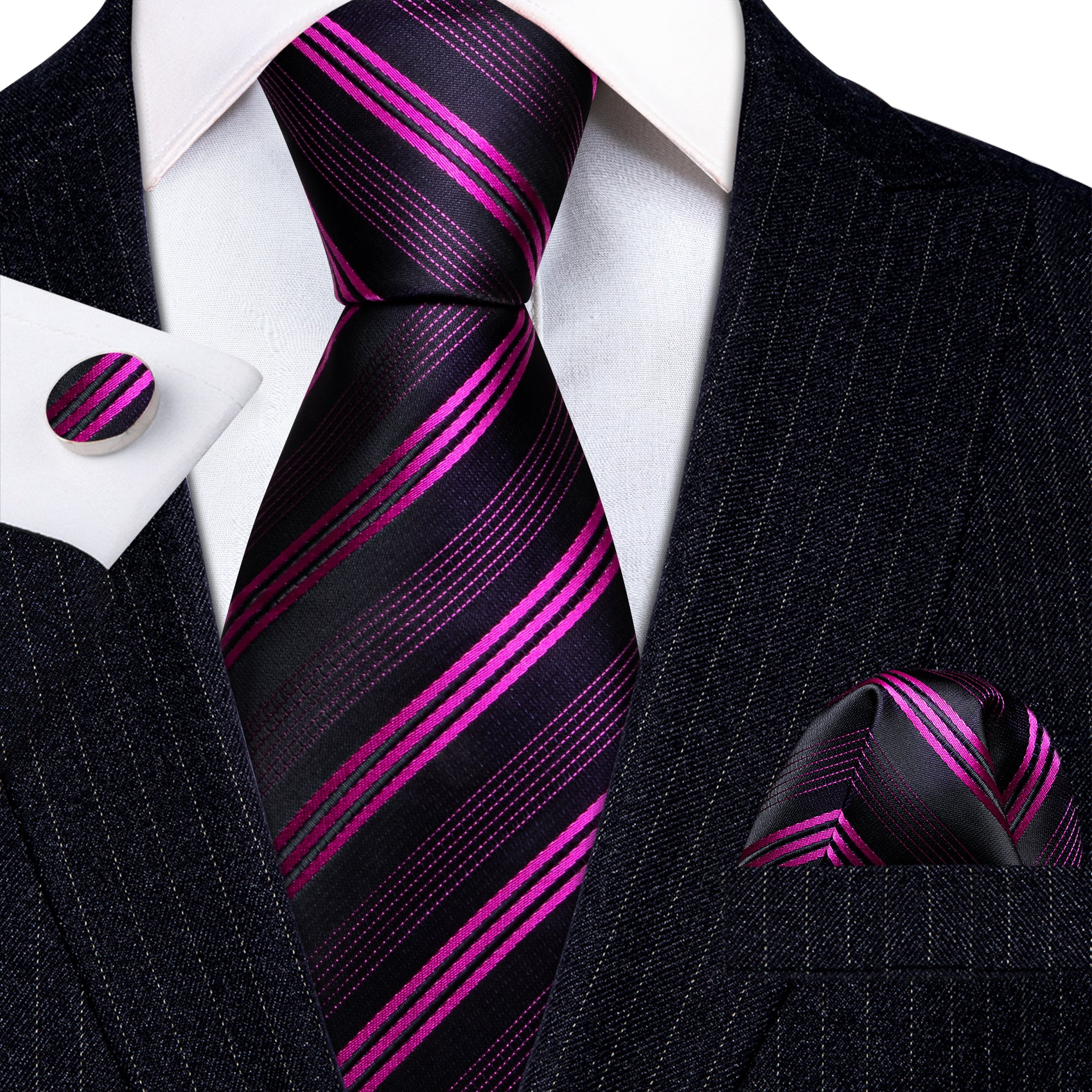 Rose Red Black Striped Silk Tie Handkerchief Cufflinks Set