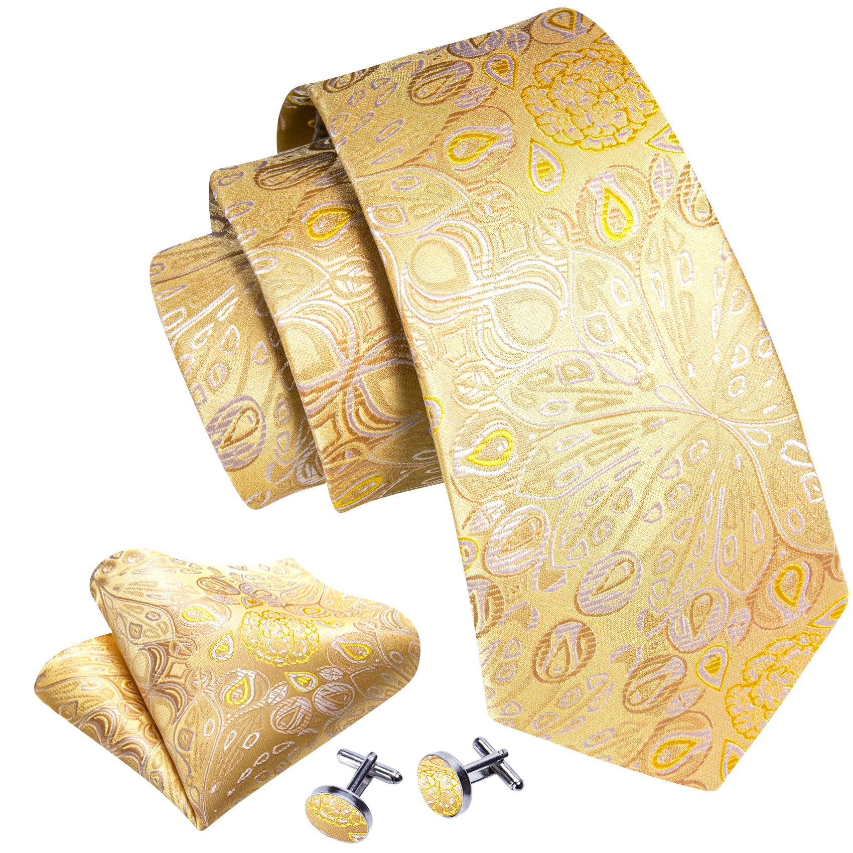 Bright Gold Paisley Silk Tie Handkerchief Cufflinks Set