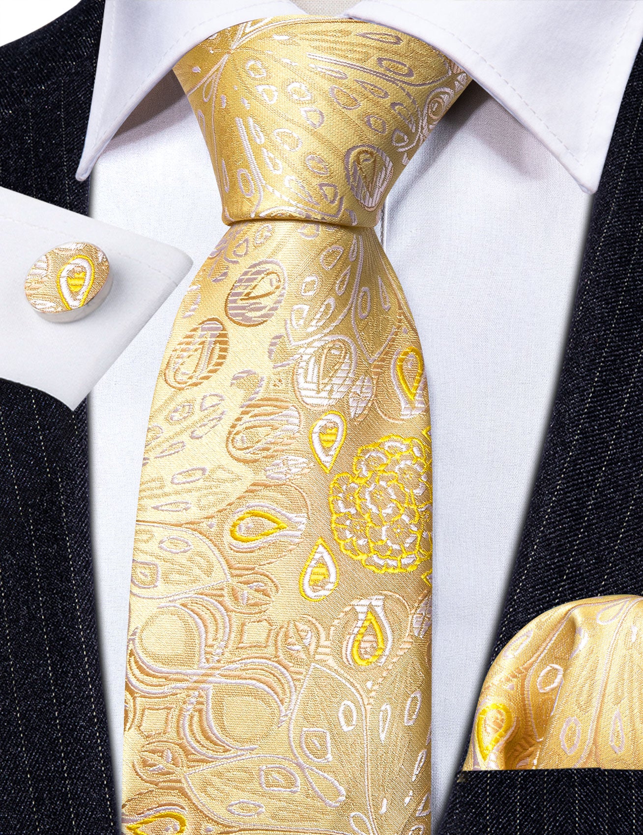 Bright Gold Paisley Silk Tie Handkerchief Cufflinks Set