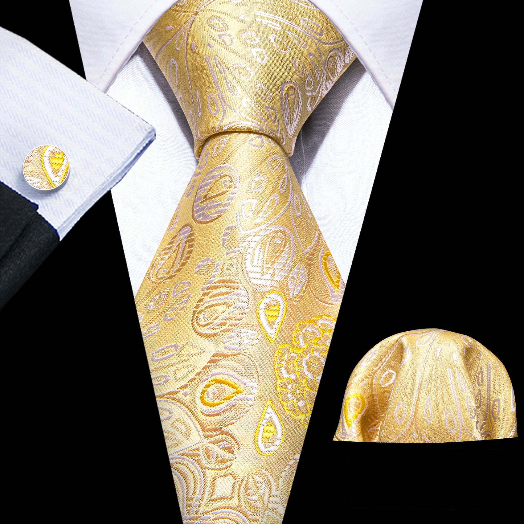 Bright Gold Paisley Silk Tie Handkerchief Cufflinks Set