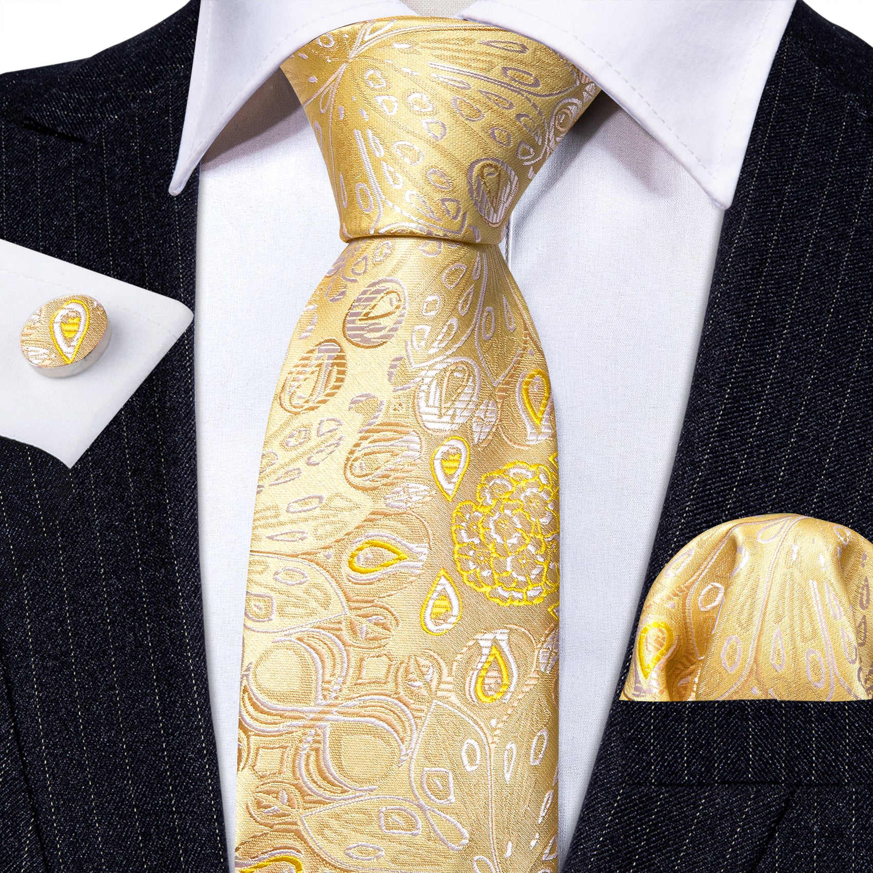 Bright Gold Paisley Silk Tie Handkerchief Cufflinks Set