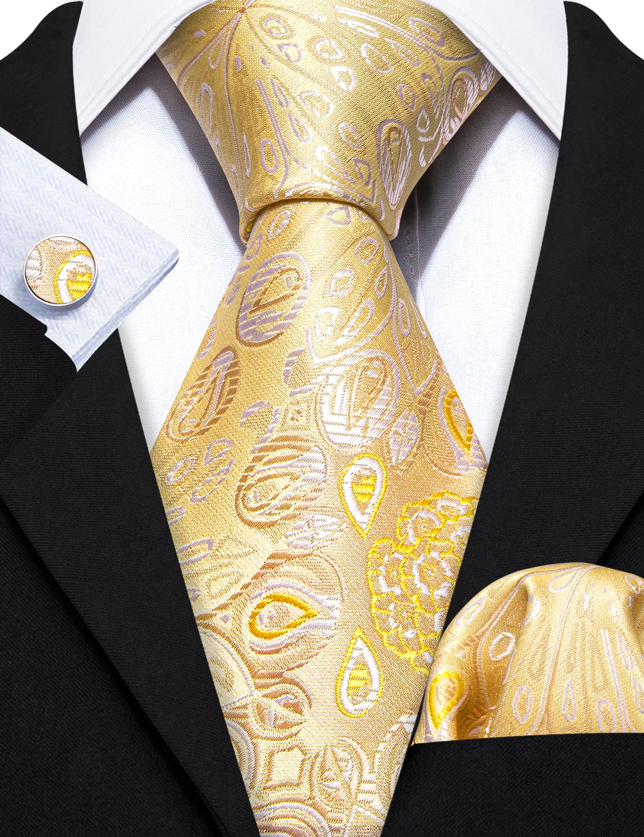 Bright Gold Paisley Silk Tie Handkerchief Cufflinks Set