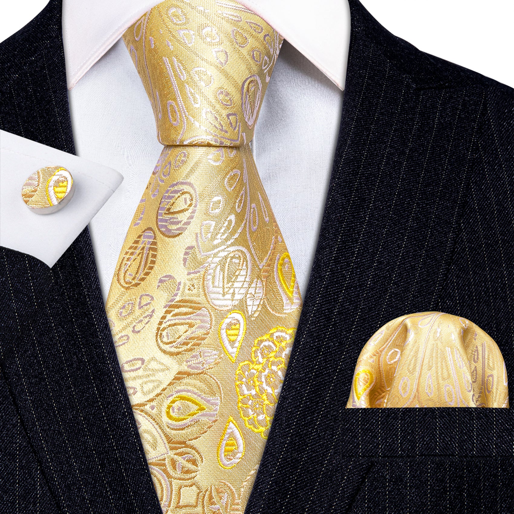 Bright Gold Paisley Silk Tie Handkerchief Cufflinks Set